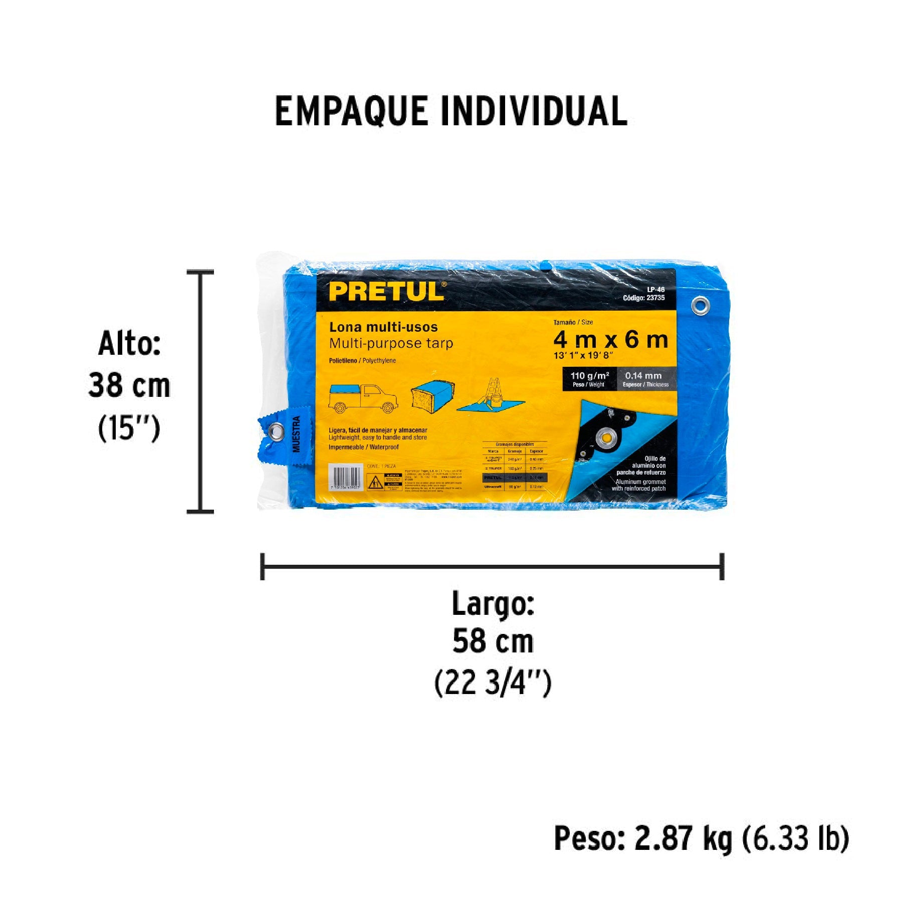 Lona de polietileno 4 x 6 m, azul, 110 g/m2, PRETUL - Empaque