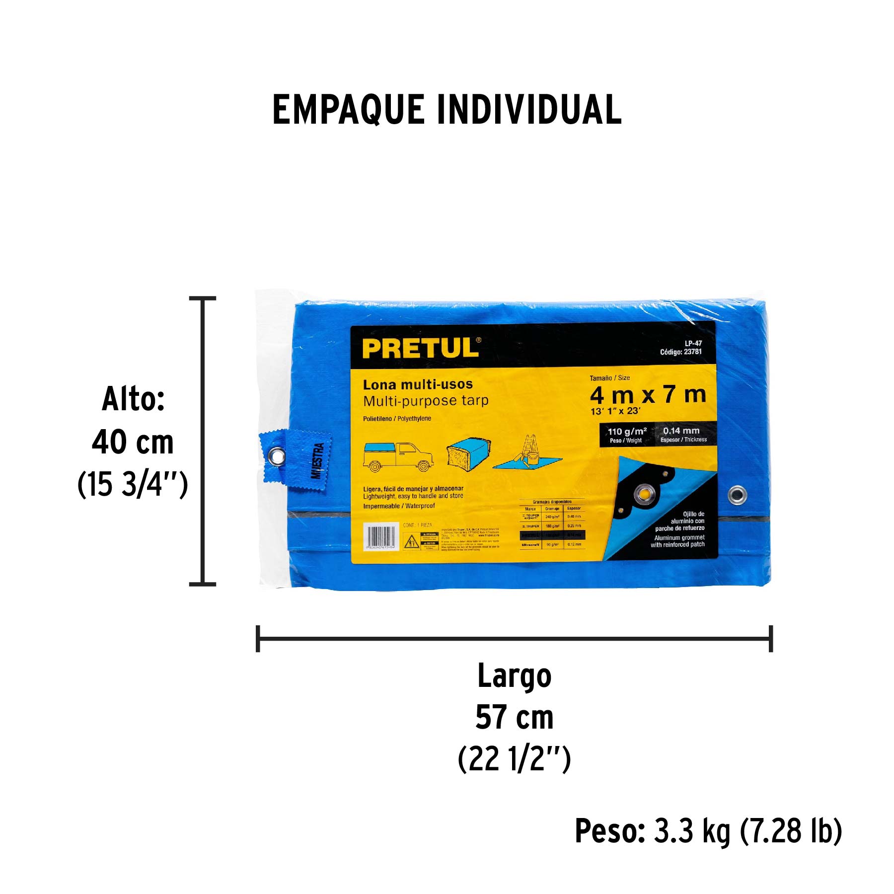 Lona de polietileno 4 x 7 m, azul, 110 g/m2, PRETUL - Empaque