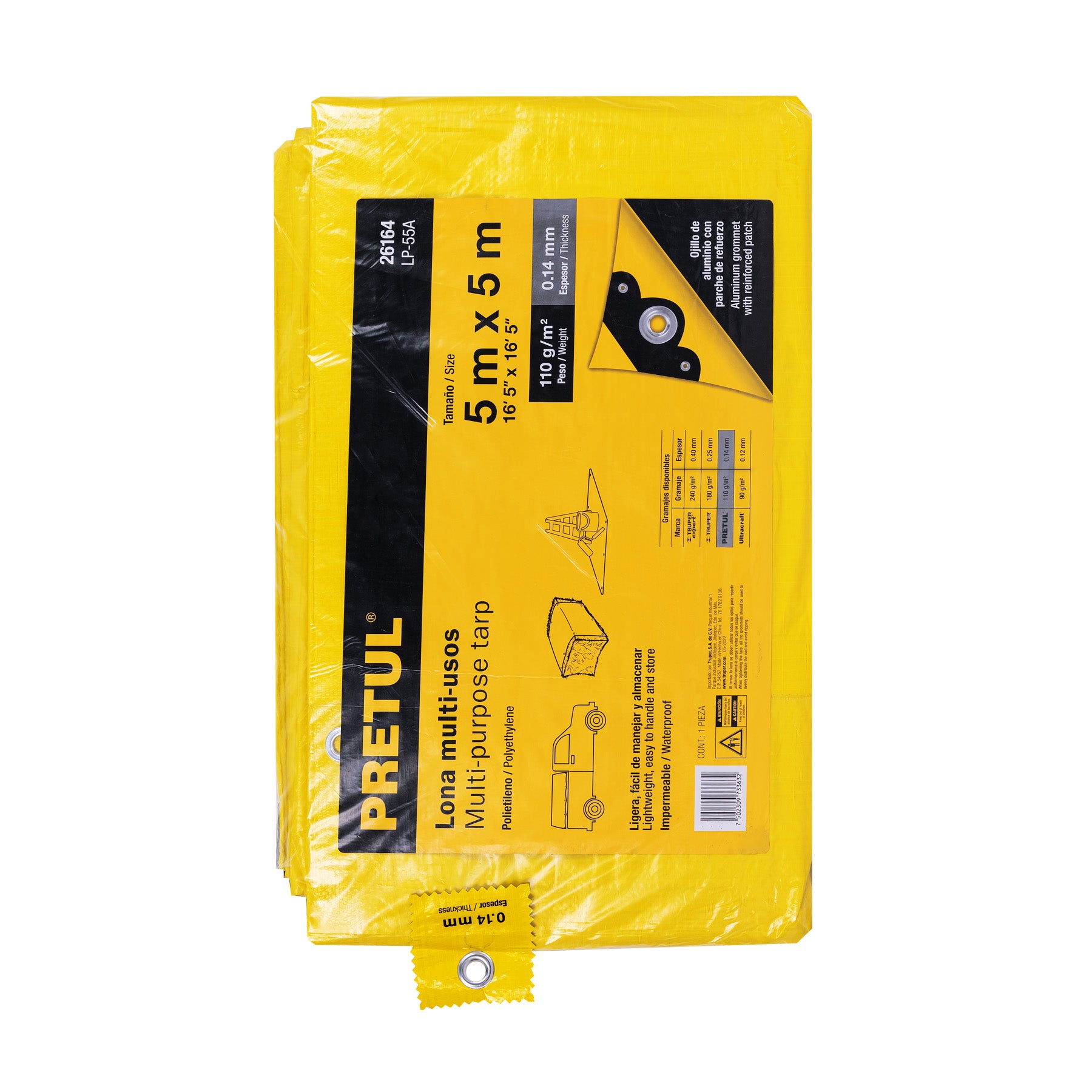 Lona de polietileno 5 x 5 m, amarilla, 110 g/m2, PRETUL