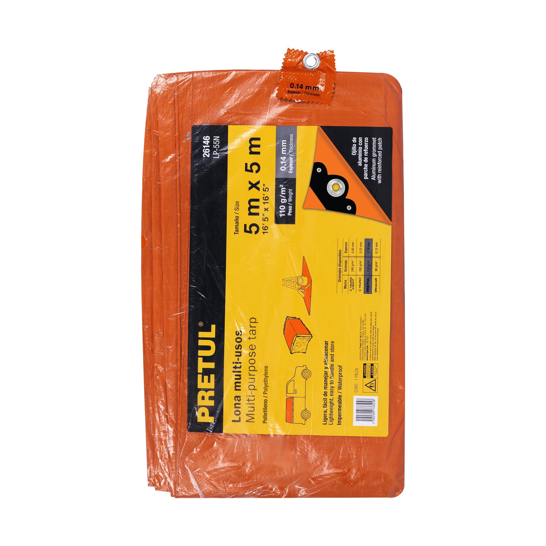 Lona de polietileno 5 x 5 m, naranja, 110 g/m2, PRETUL