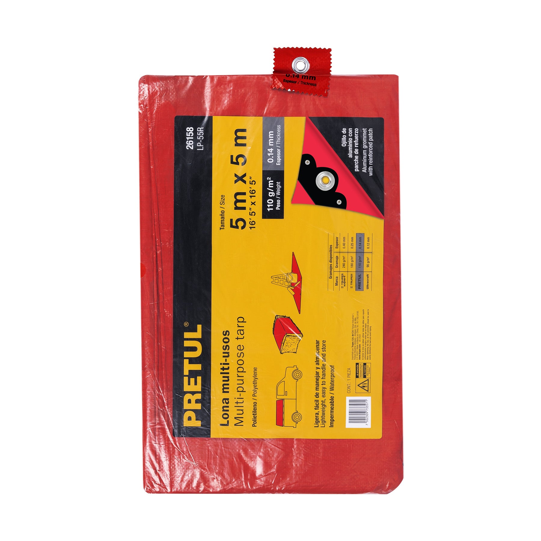 Lona de polietileno 5 x 5 m, roja, 110 g/m2, PRETUL