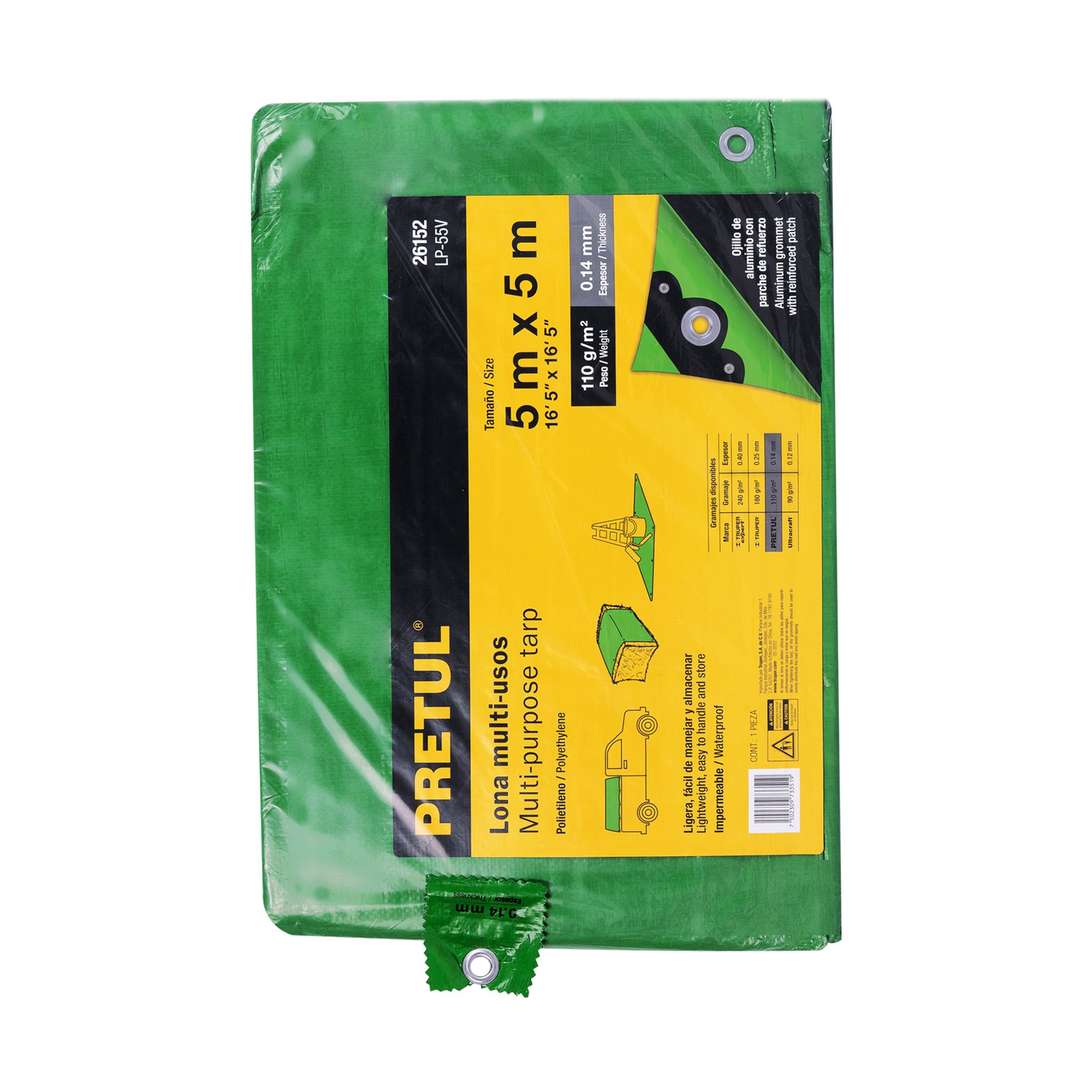 Lona de polietileno 5 x 5 m, verde, 110 g/m2, PRETUL