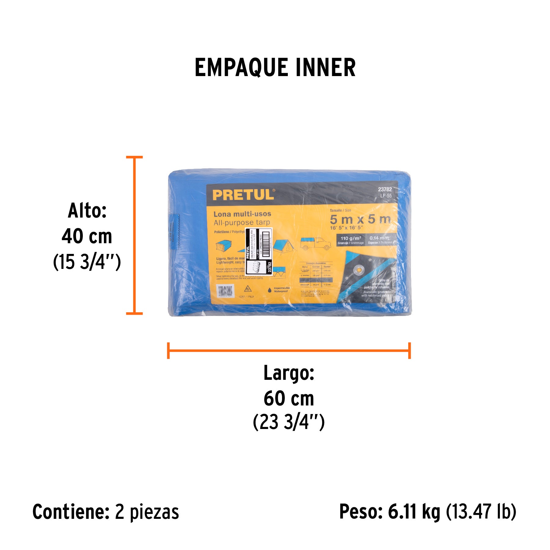 Lona de polietileno 5 x 5 m, azul, 110 g/m2, PRETUL - Empaque