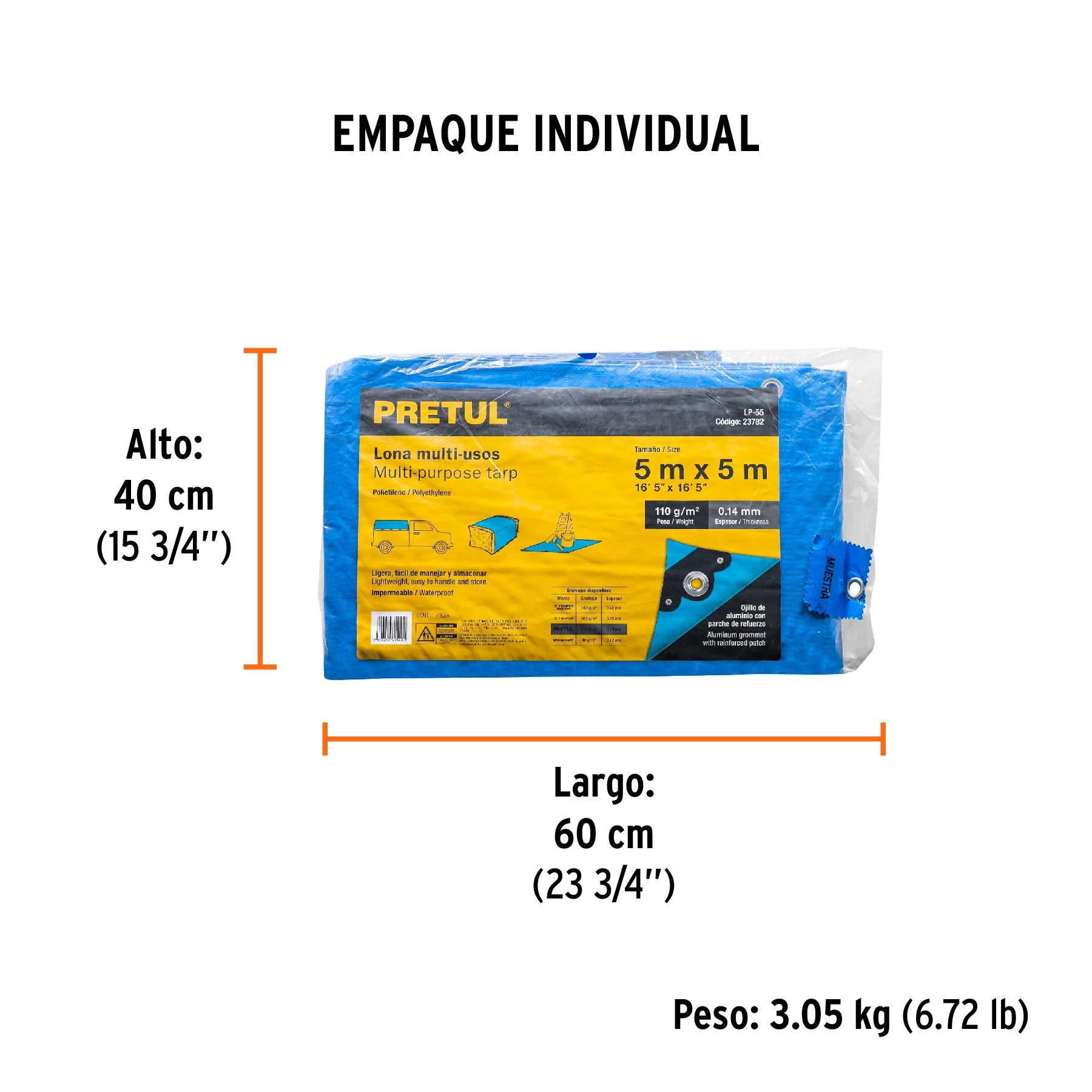 Lona de polietileno 5 x 5 m, azul, 110 g/m2, PRETUL - Empaque