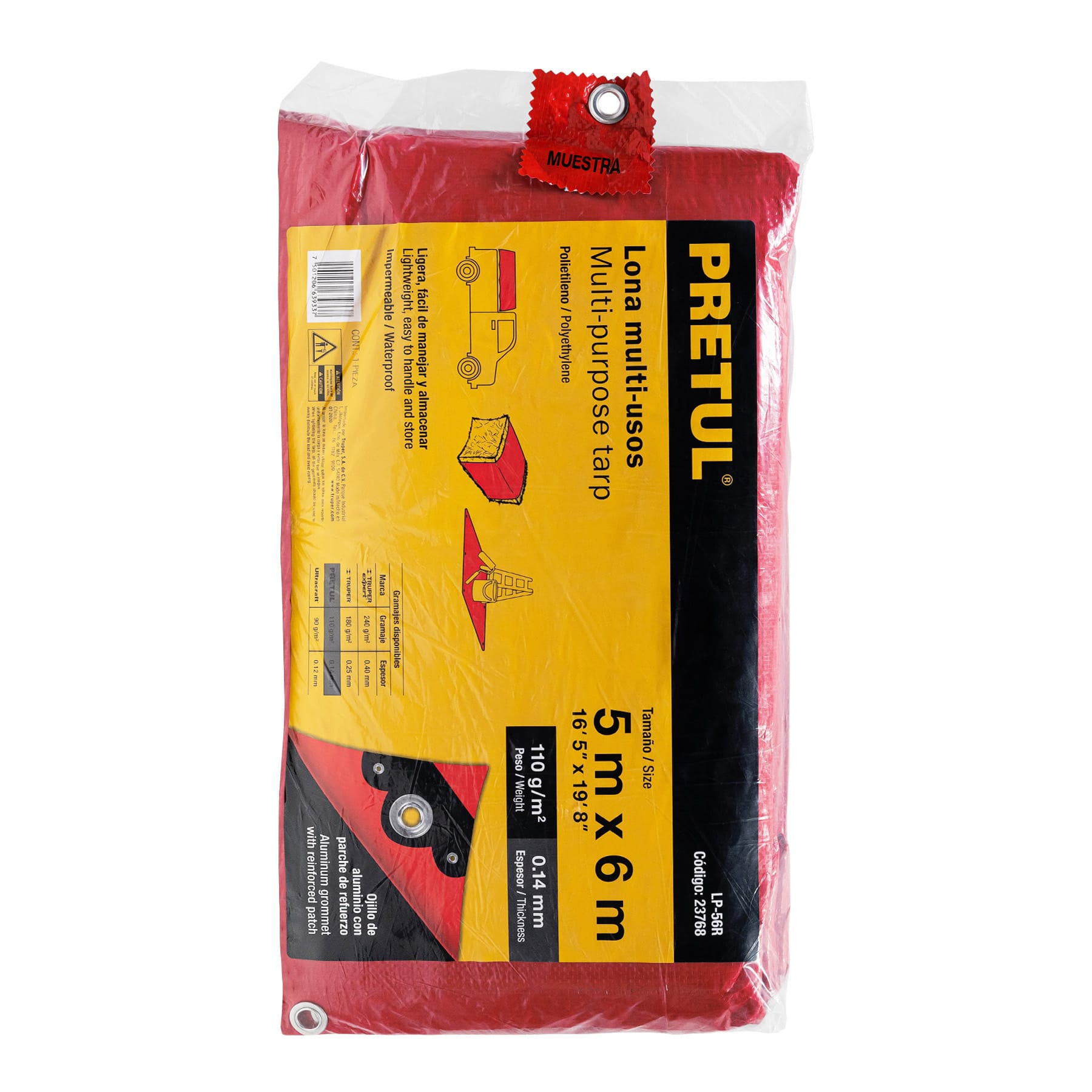 Lona de polietileno 5 x 6 m, roja, 110 g/m2, PRETUL