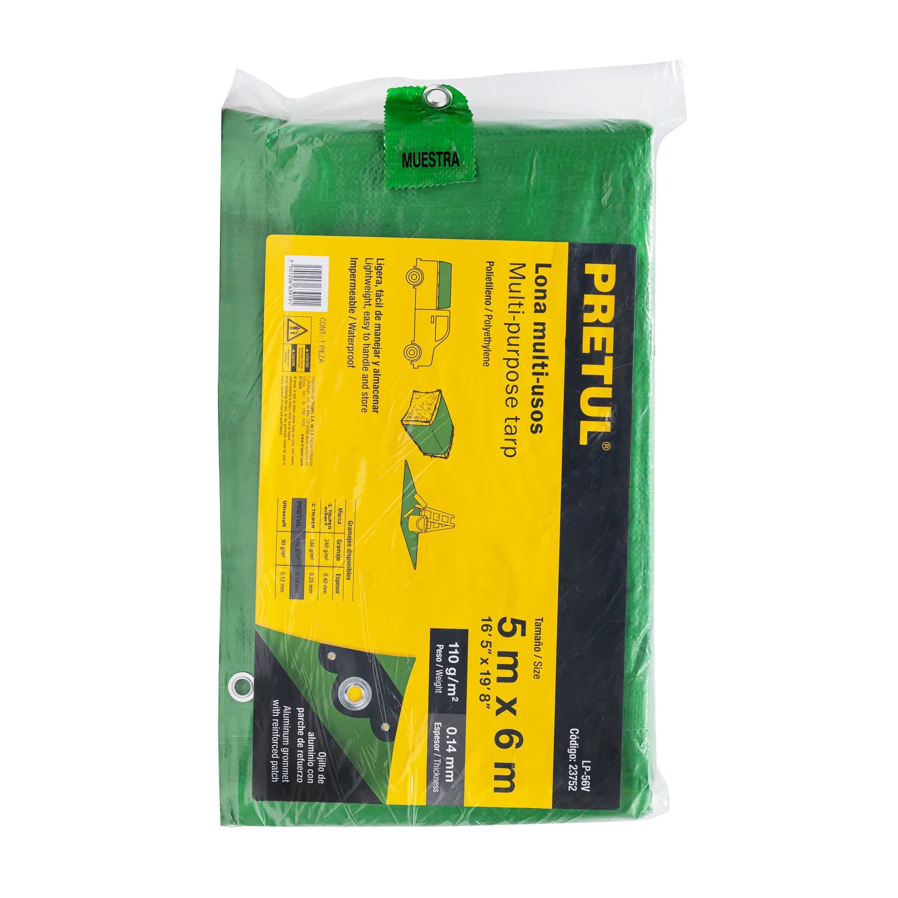 Lona de polietileno 5 x 6 m, verde, 110 g/m2, PRETUL