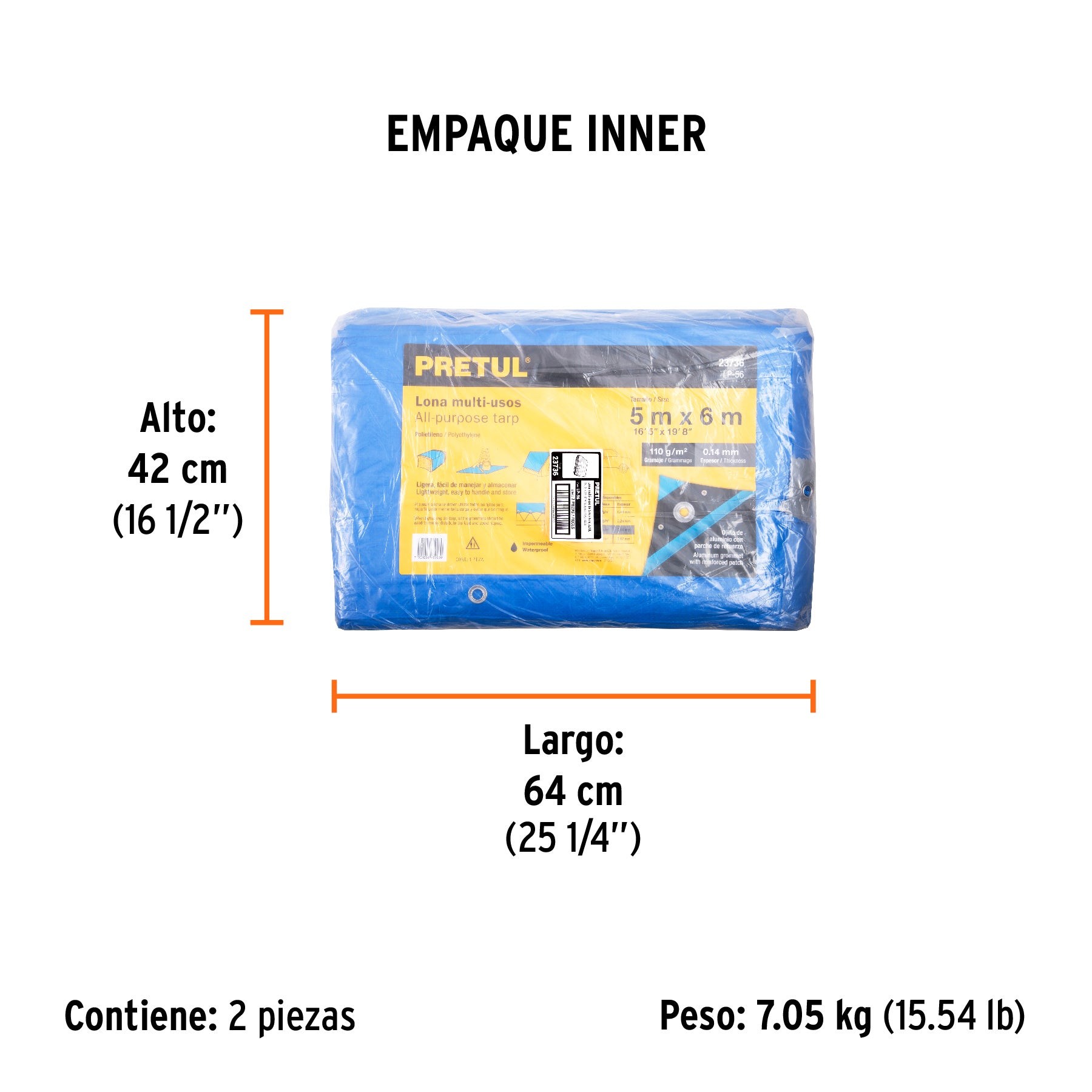 Lona de polietileno 5 x 6 m, azul, 110 g/m2, PRETUL - Empaque