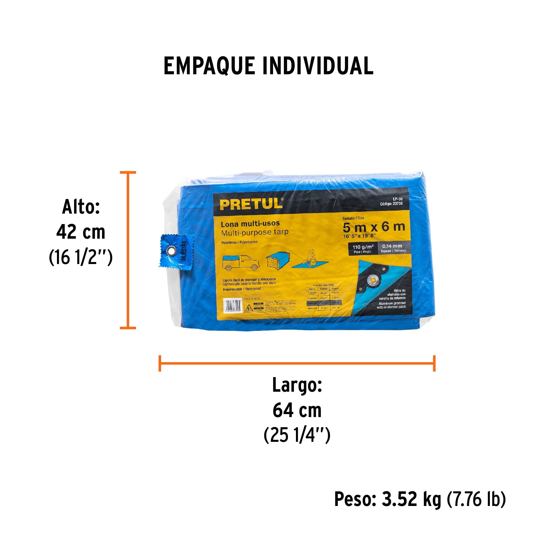 Lona de polietileno 5 x 6 m, azul, 110 g/m2, PRETUL - Empaque