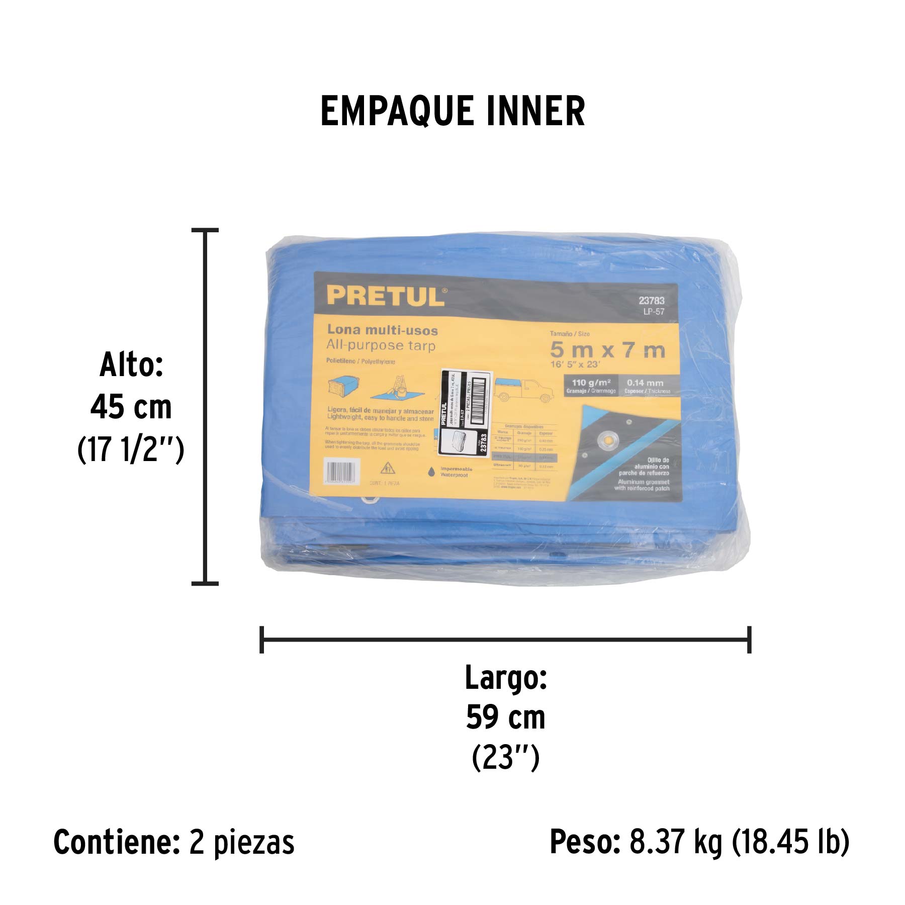 Lona de polietileno 5 x 7 m, azul, 110 g/m2, PRETUL - Empaque