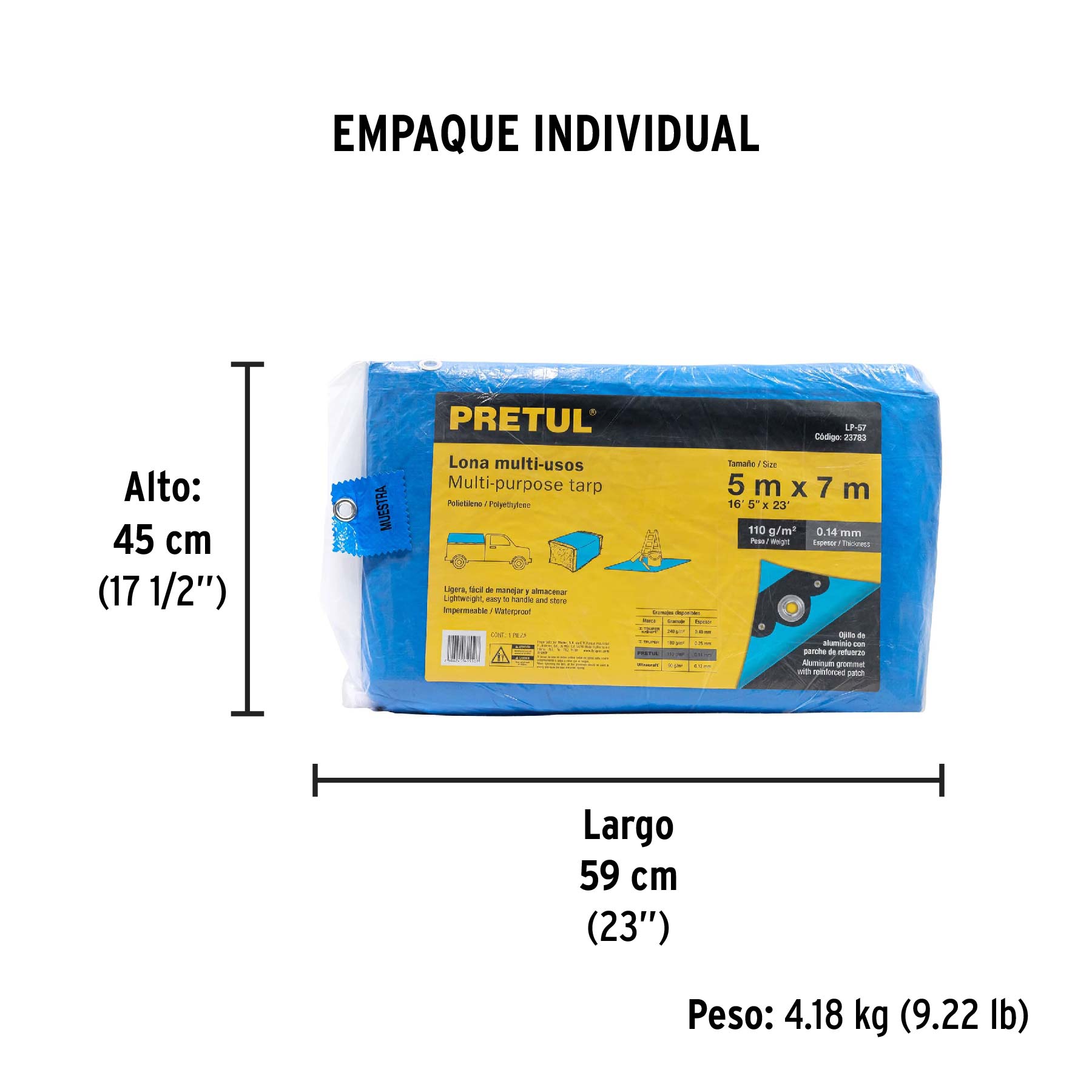Lona de polietileno 5 x 7 m, azul, 110 g/m2, PRETUL - Empaque