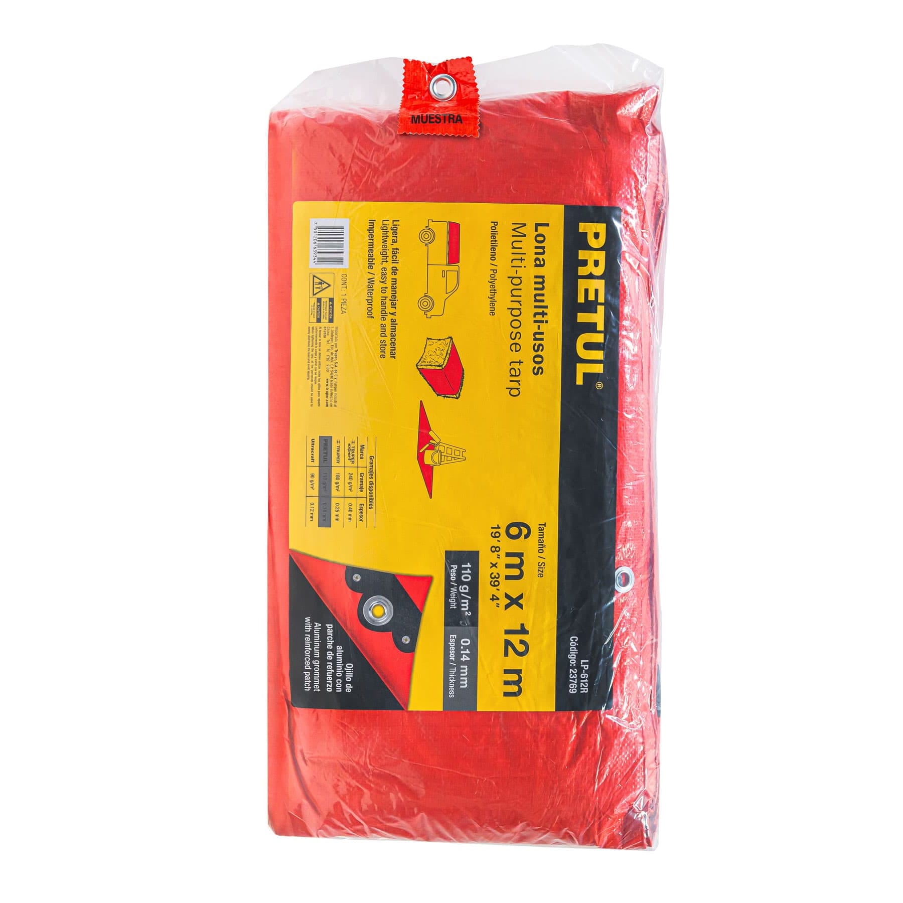 Lona de polietileno 6 x 12 m, roja, 110 g/m2, PRETUL