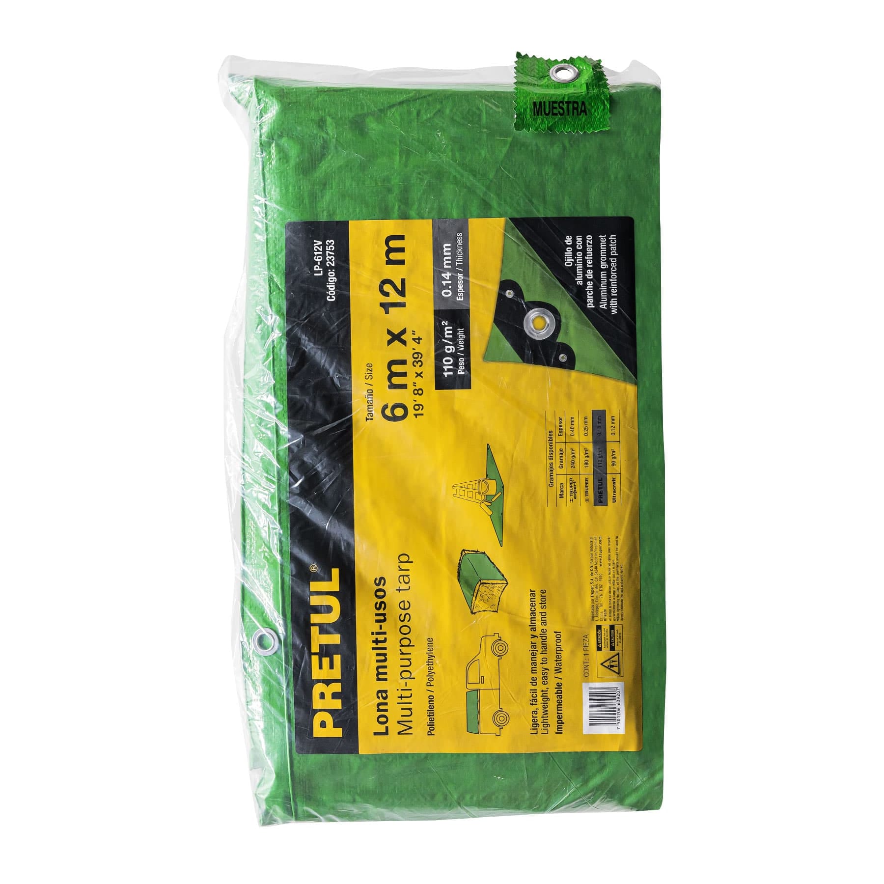 Lona de polietileno 6 x 12 m, verde, 110 g/m2, PRETUL