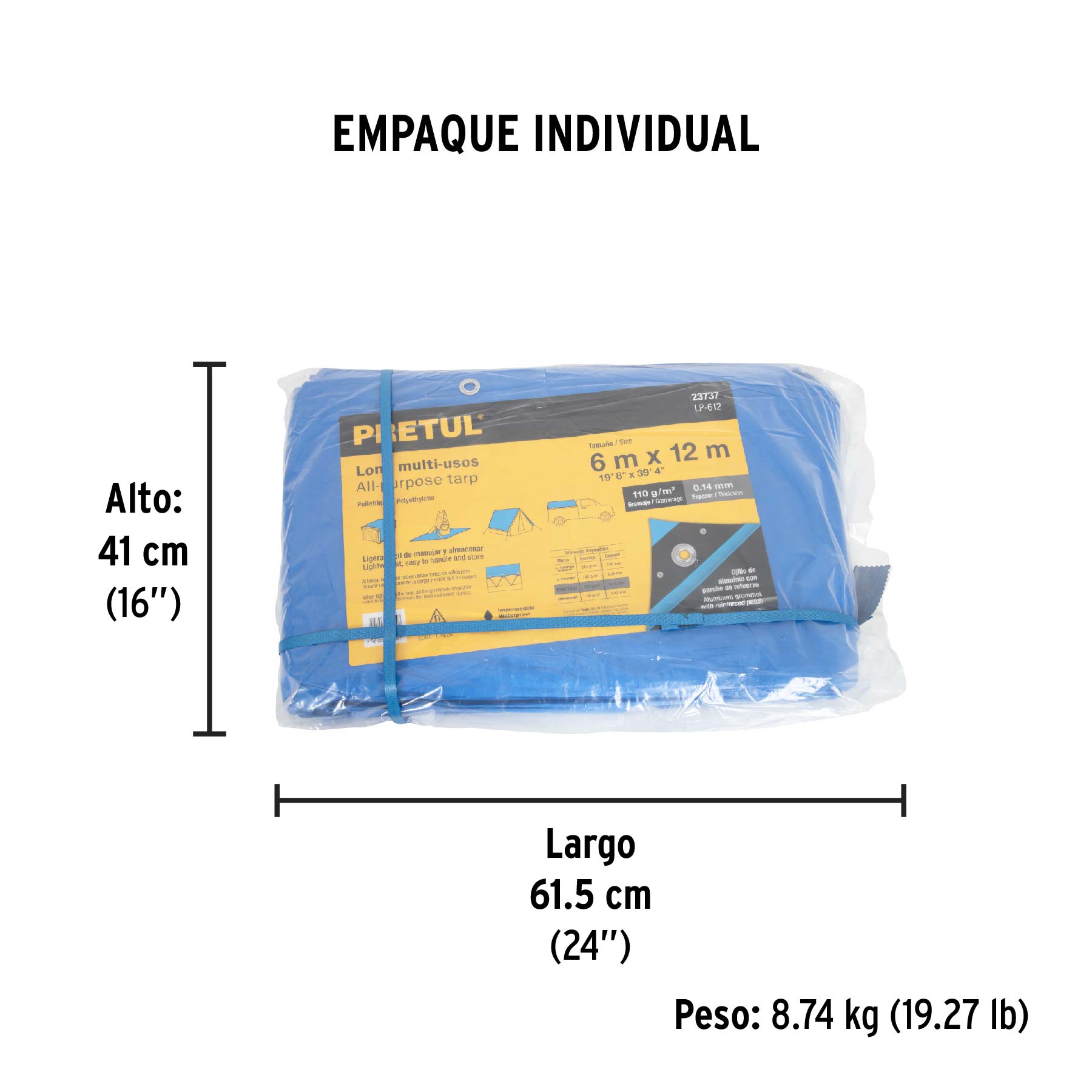 Lona de polietileno 6 x 12 m, azul, 110 g/m2, PRETUL - Empaque