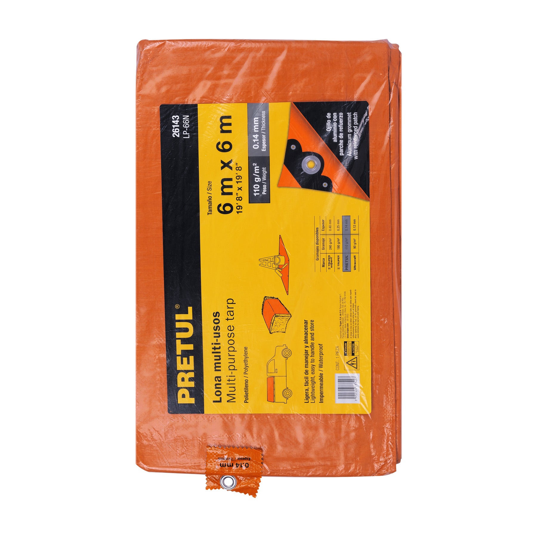 Lona de polietileno 6 x 6 m, naranja, 110 g/m2, PRETUL
