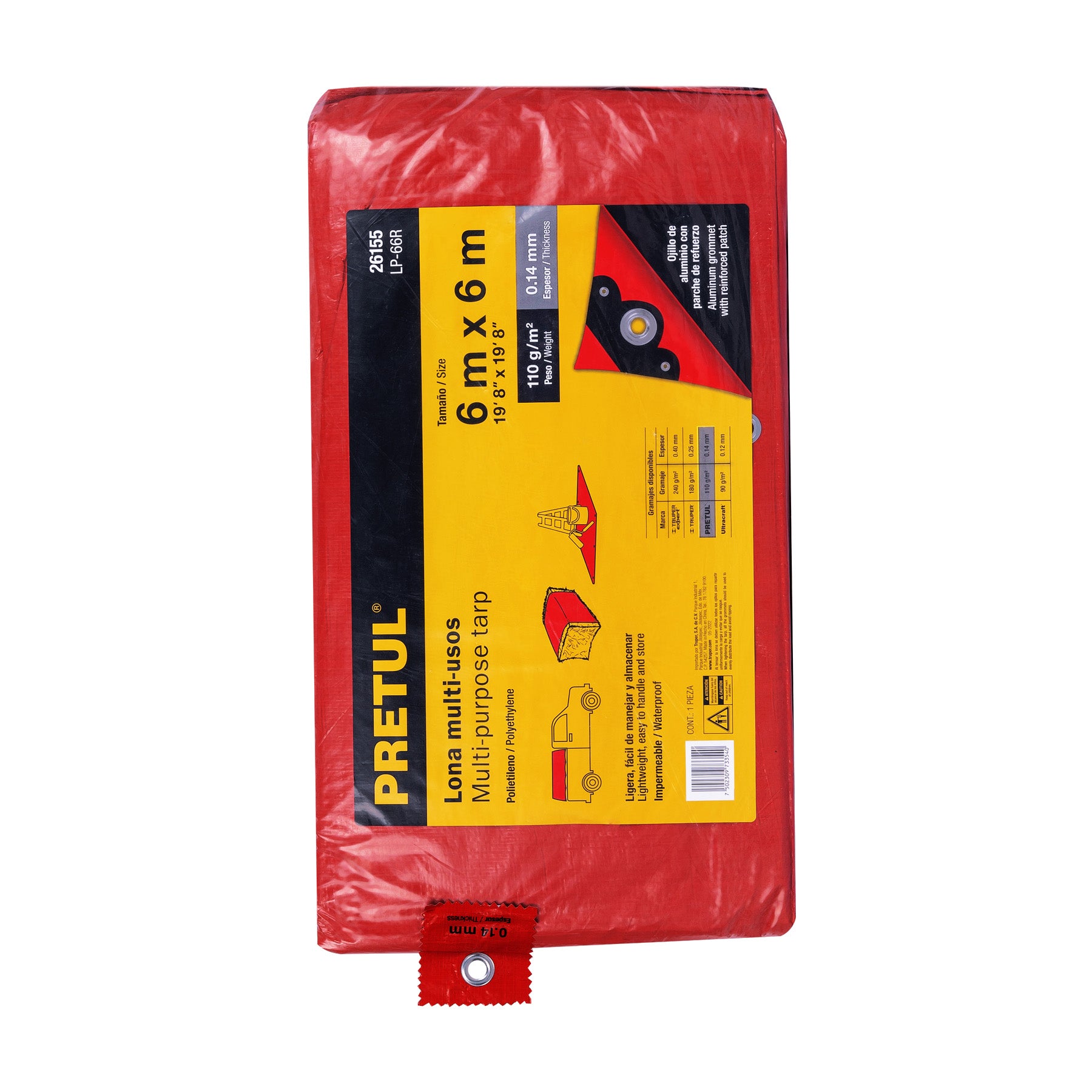 Lona de polietileno 6 x 6 m, roja, 110 g/m2, PRETUL