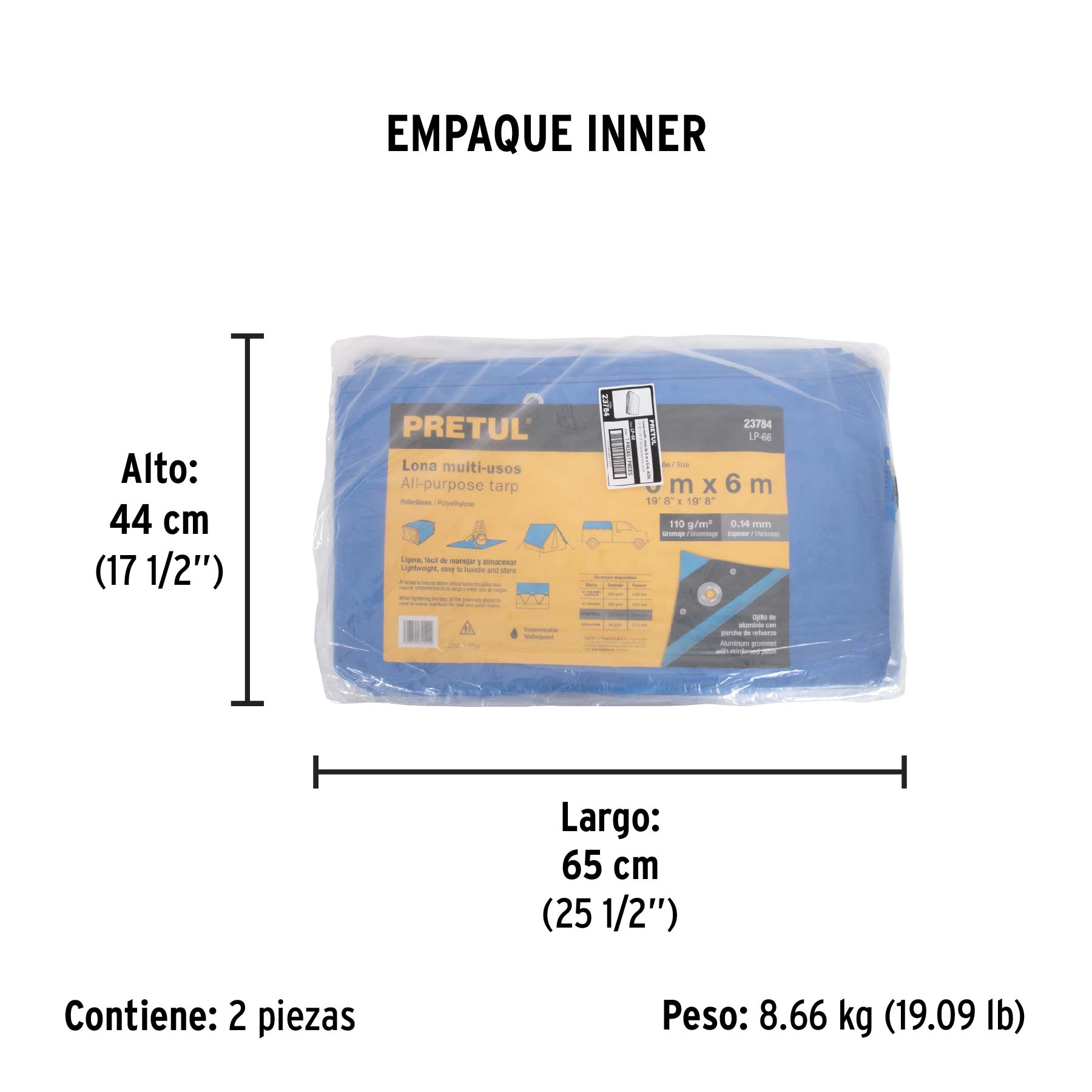 Lona de polietileno 6 x 6 m, azul, 110 g/m2, PRETUL - Empaque