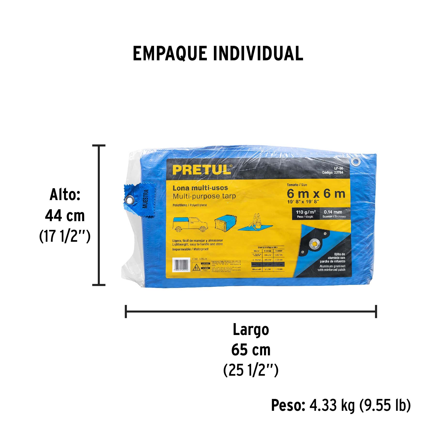 Lona de polietileno 6 x 6 m, azul, 110 g/m2, PRETUL - Empaque