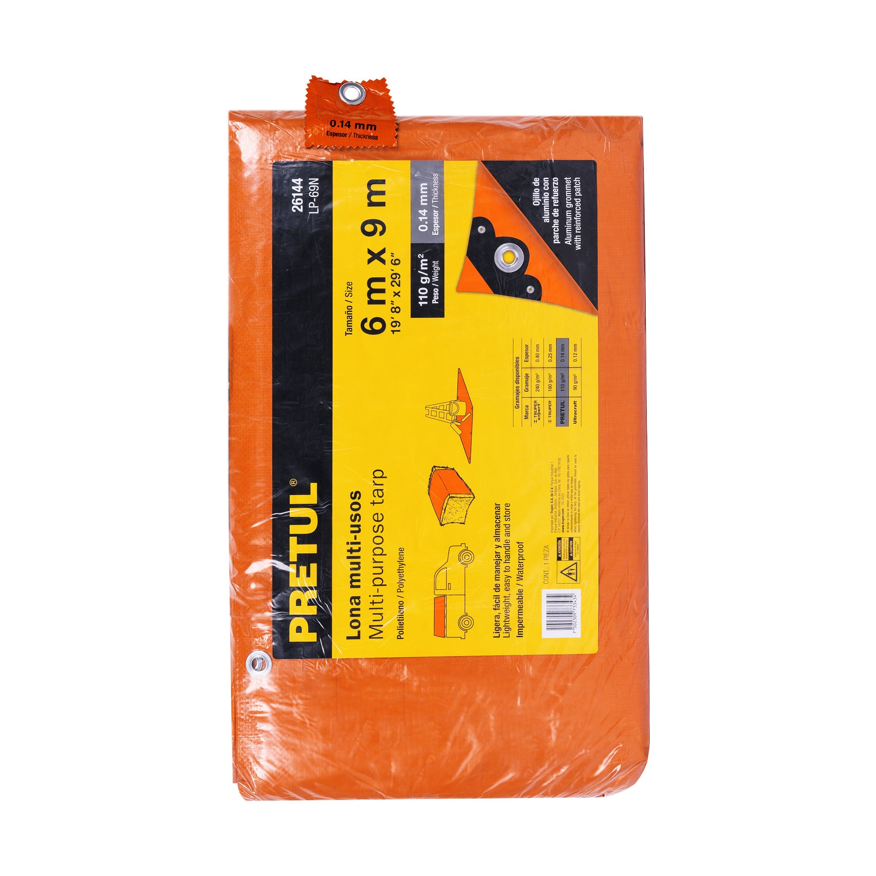Lona de polietileno 6 x 9 m, naranja, 110 g/m2, PRETUL