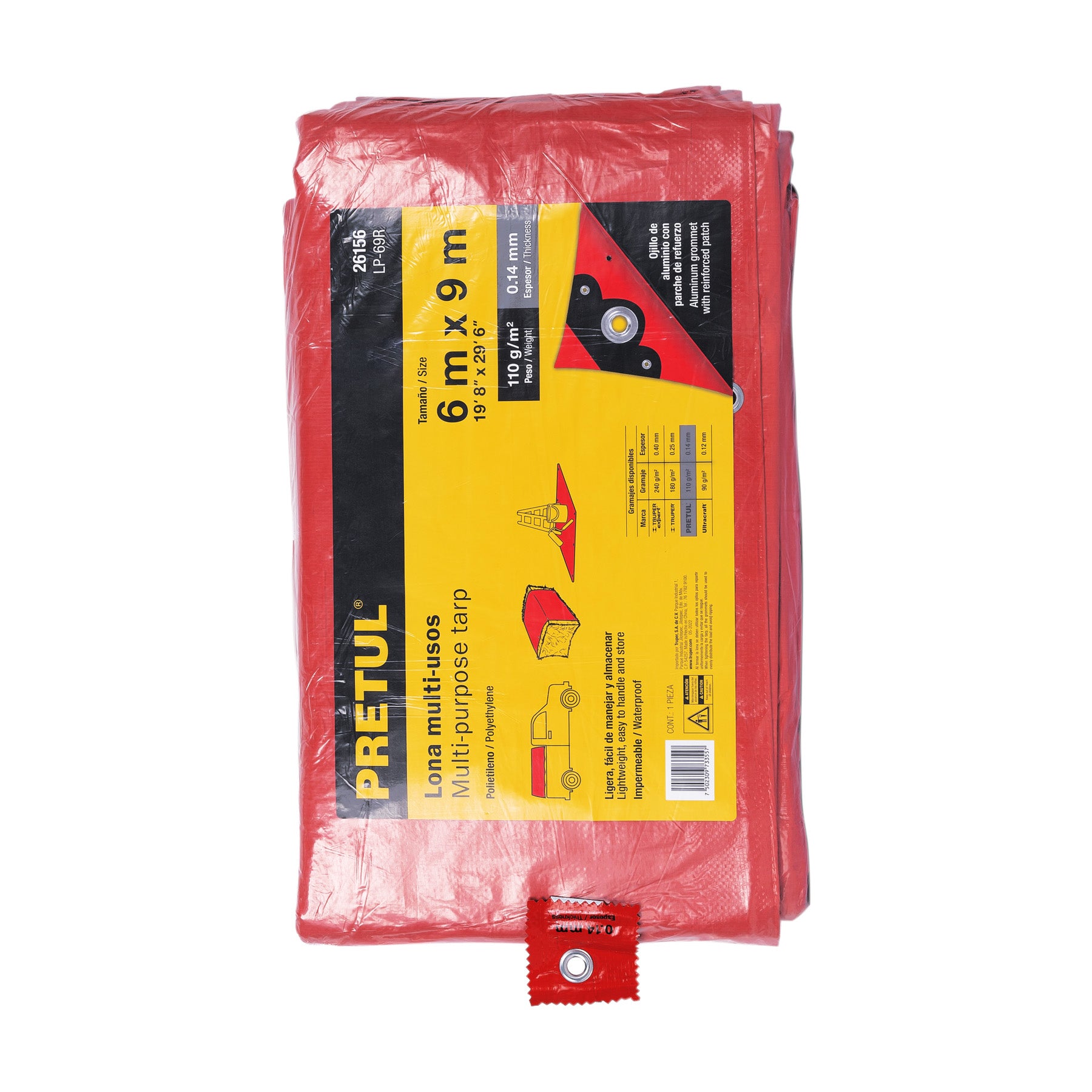 Lona de polietileno 6 x 9 m, roja, 110 g/m2, PRETUL