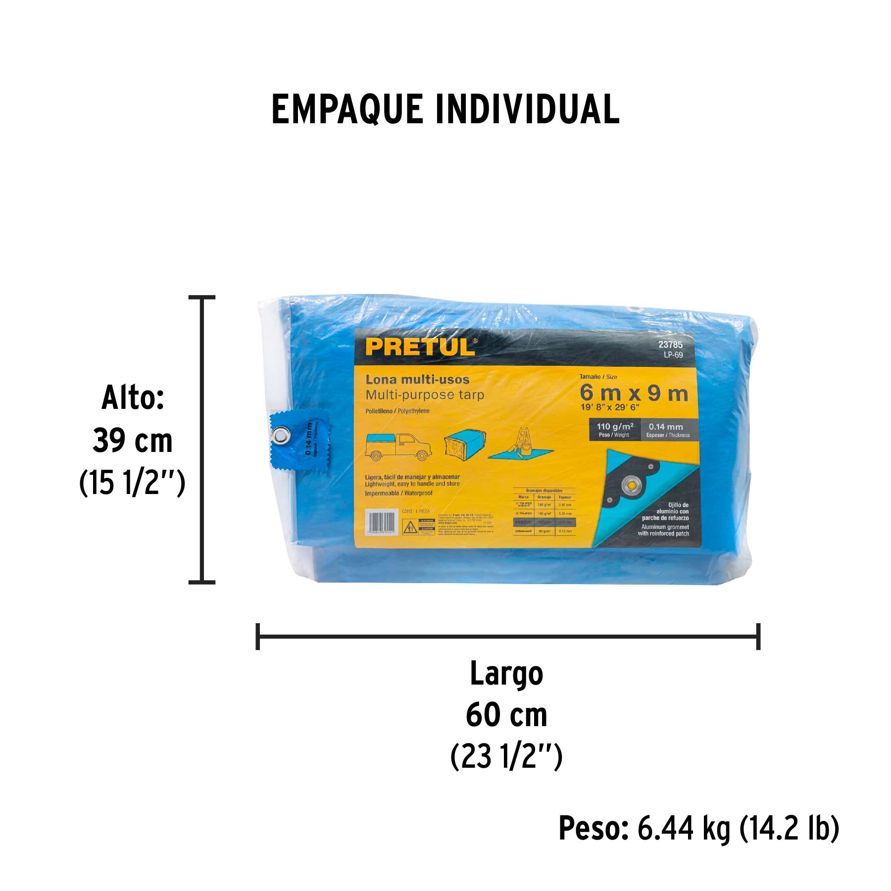 Lona de polietileno 6 x 9 m, azul, 110 g/m2, PRETUL - Empaque
