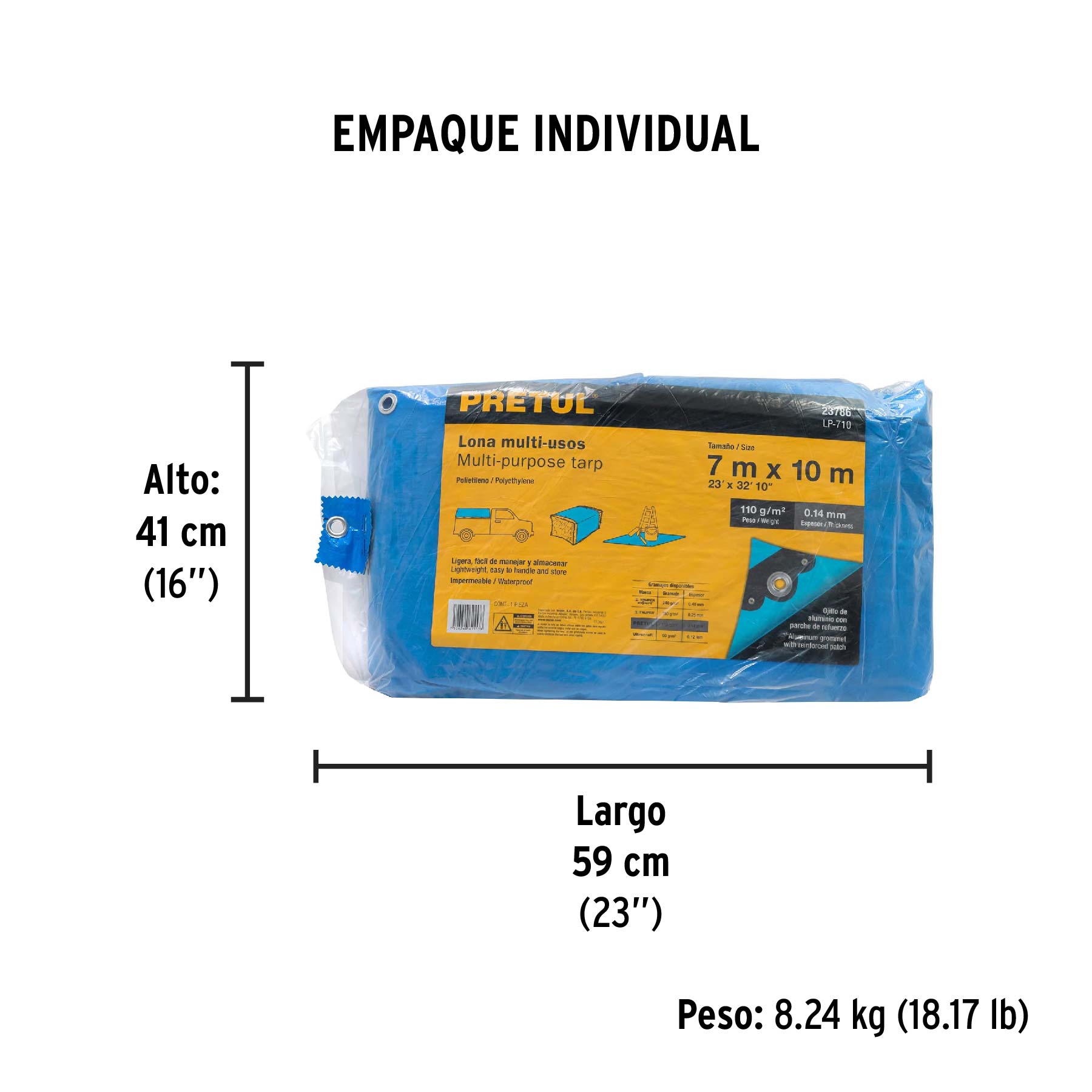 Lona de polietileno 7 x 10 m, azul, 110 g/m2, PRETUL - Empaque