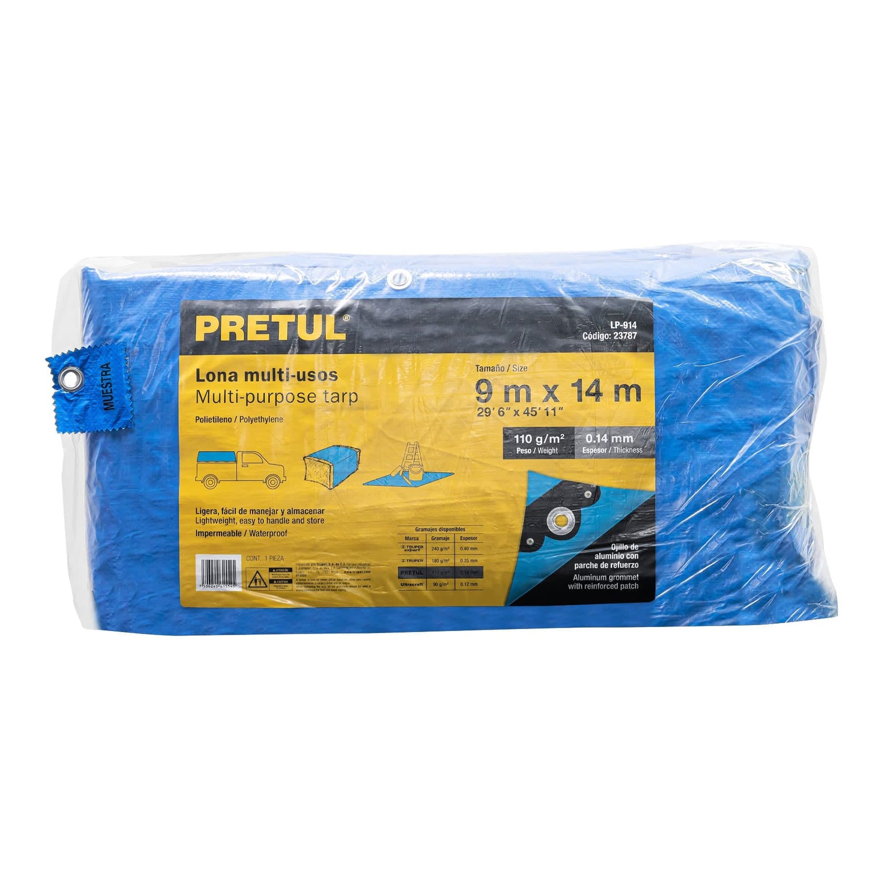 Lona de polietileno 9 x 14 m, azul, 110 g/m2, PRETUL