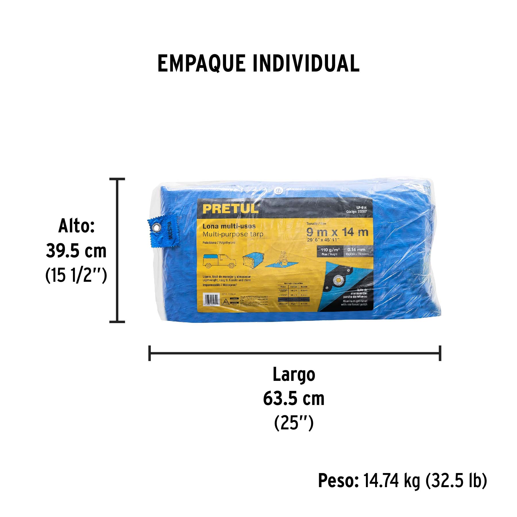 Lona de polietileno 9 x 14 m, azul, 110 g/m2, PRETUL - Empaque