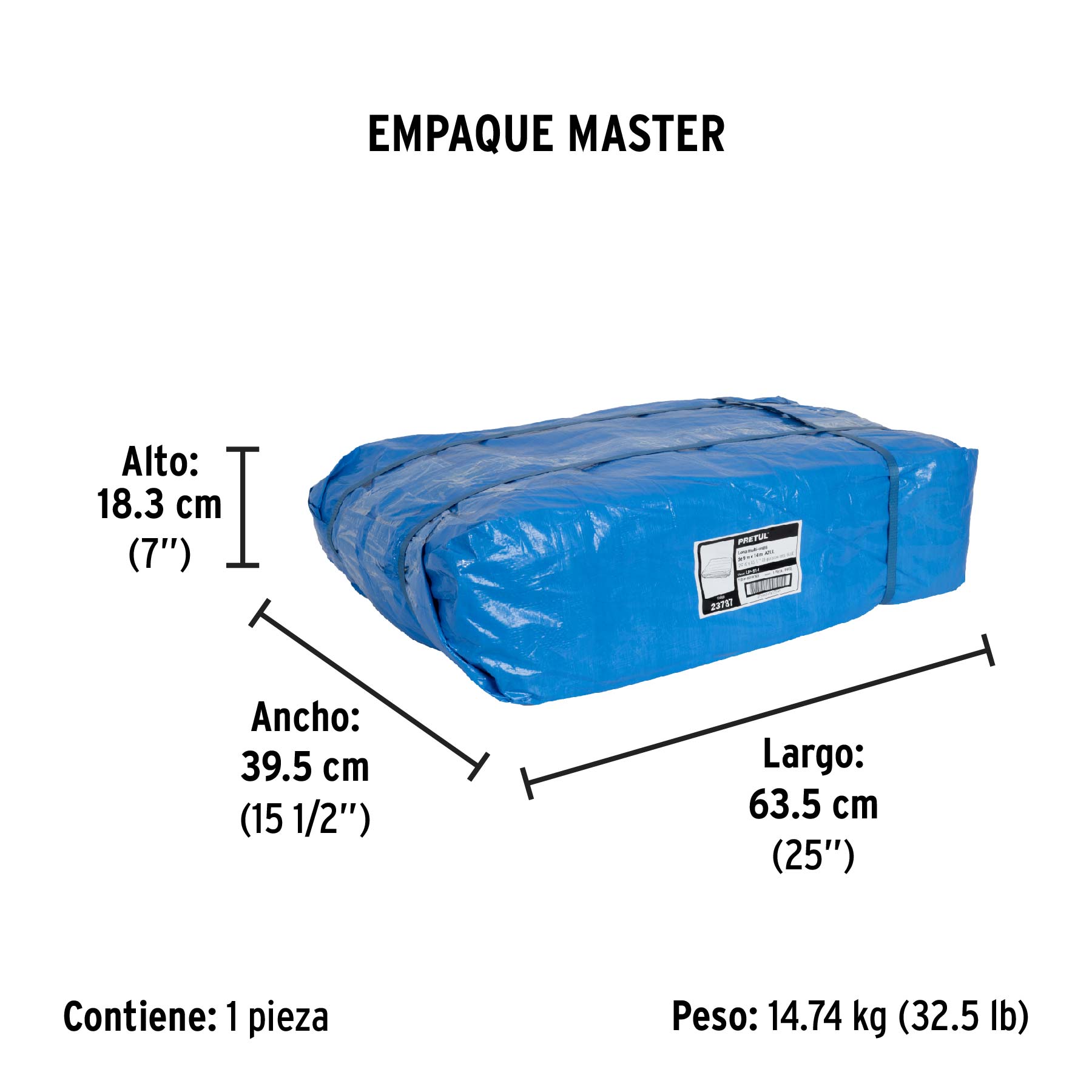 Lona de polietileno 9 x 14 m, azul, 110 g/m2, PRETUL - Empaque
