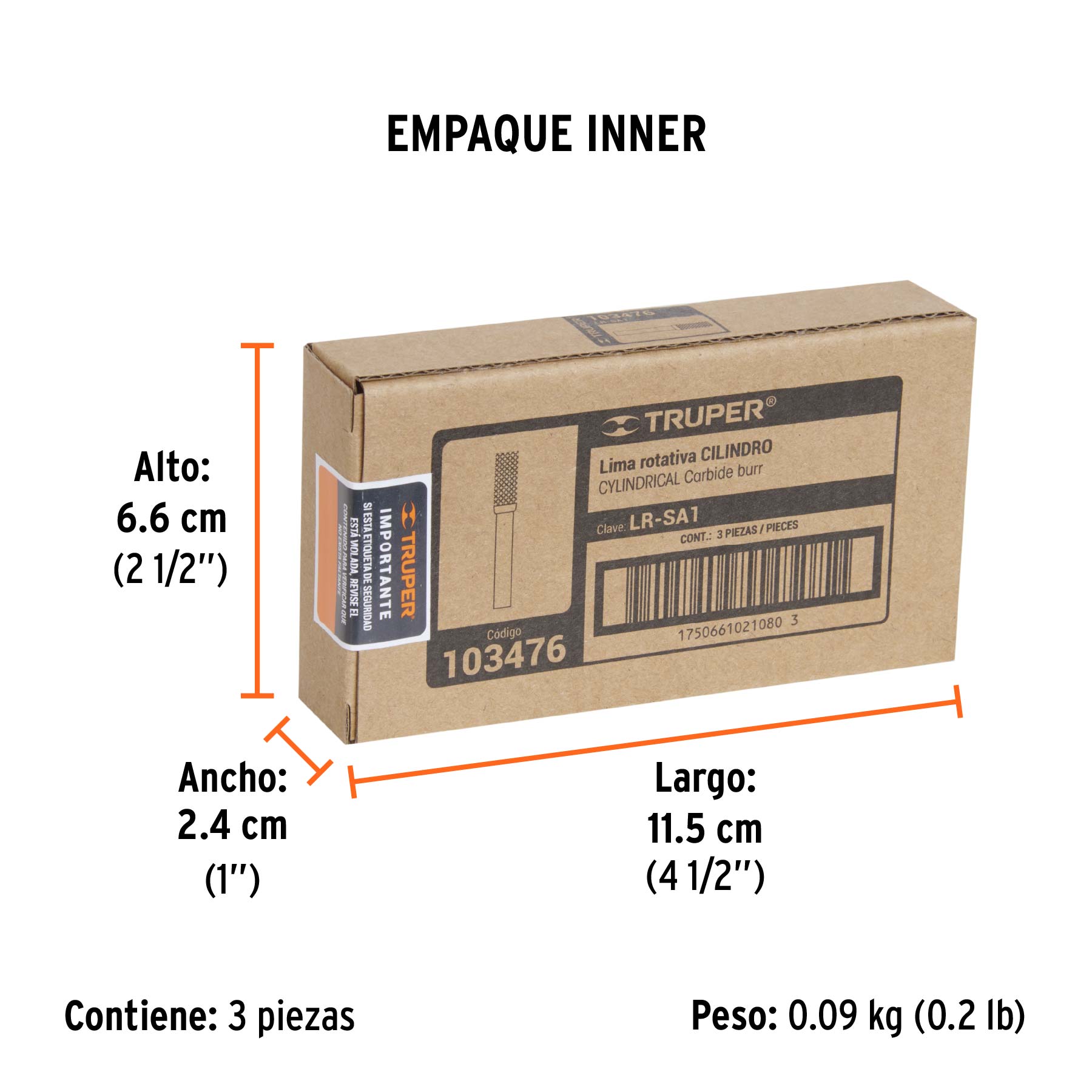 Lima rotativa punta cilindro, 10 mm, TRUPER - Empaque