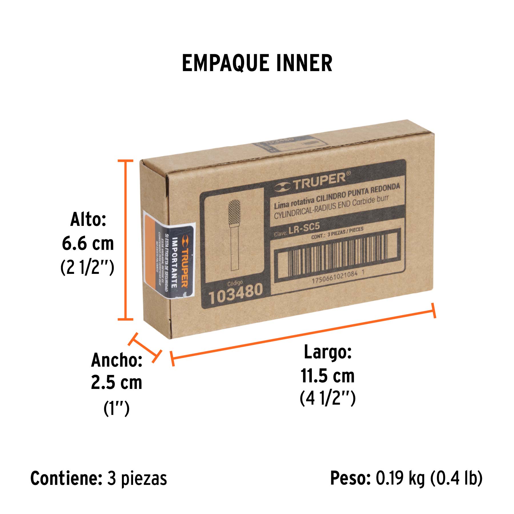 Lima rotativa punta cilindro redonda, 13 mm, TRUPER - Empaque