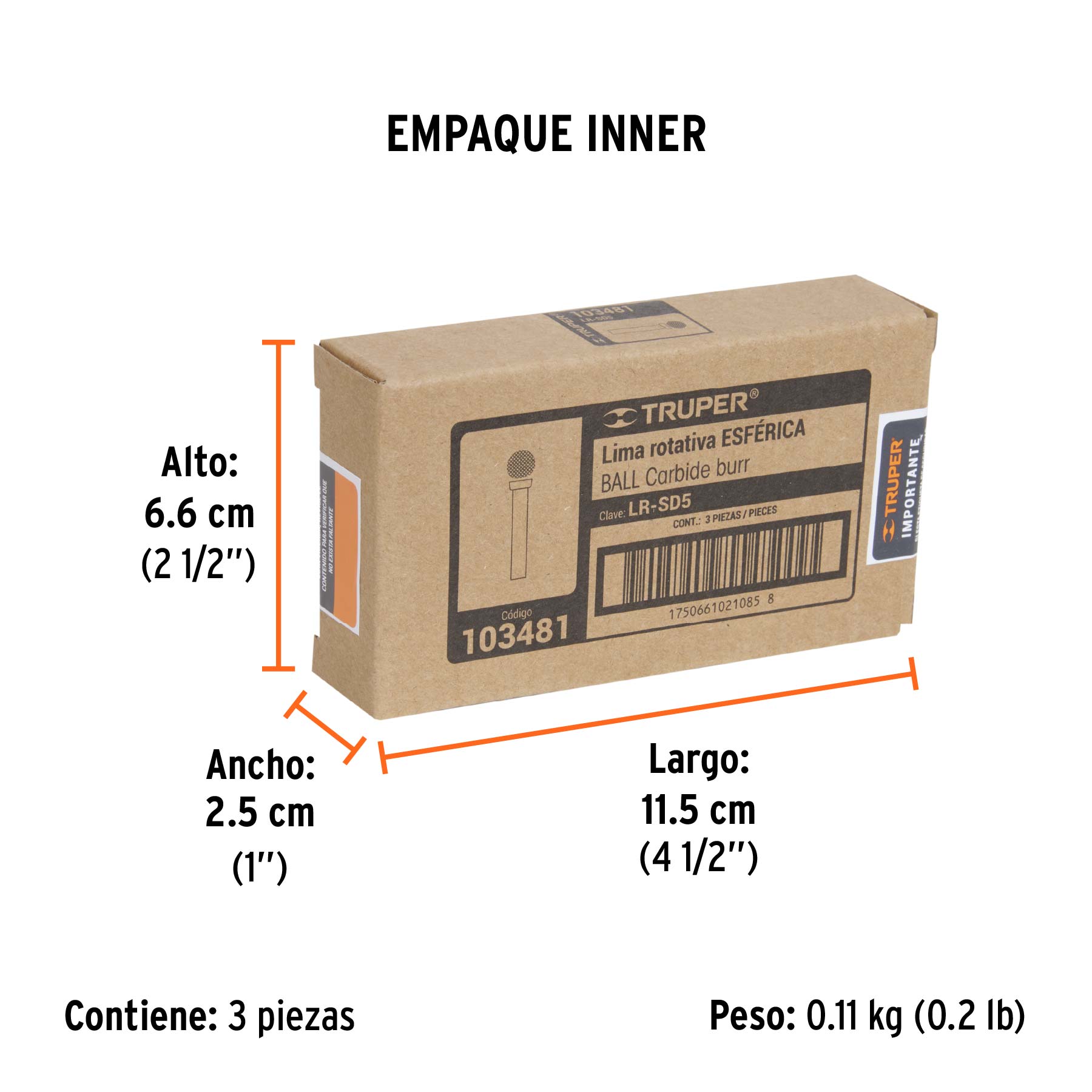 Lima rotativa punta esférica, 13 mm, TRUPER - Empaque