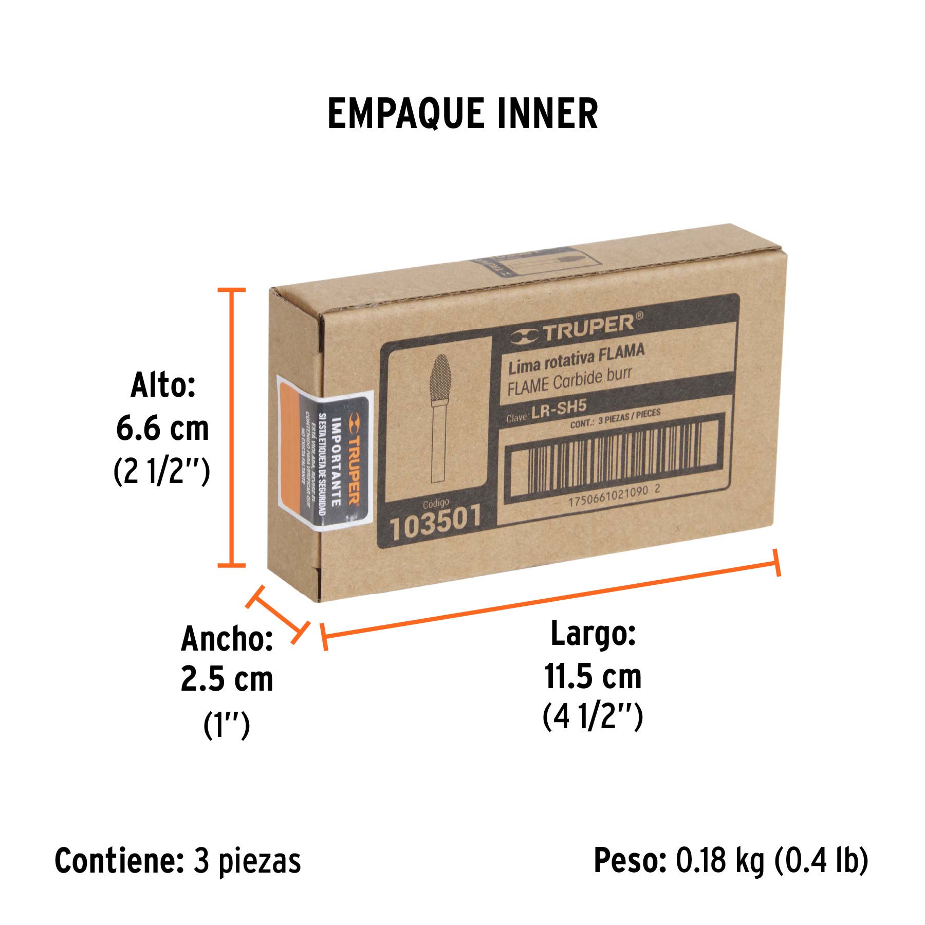 Lima rotativa punta flama, 13 mm, TRUPER - Empaque