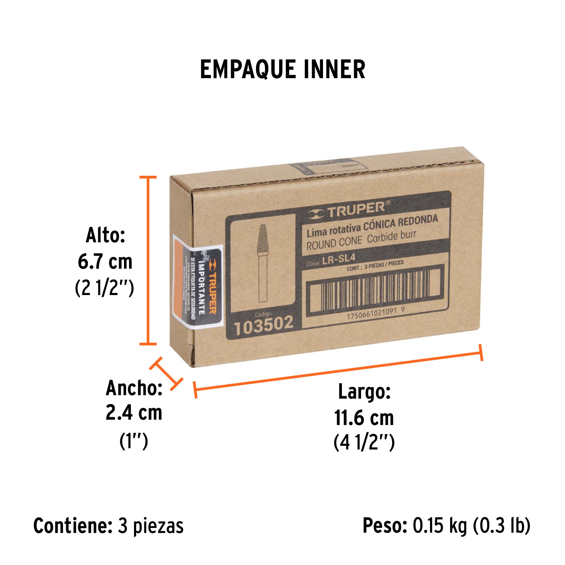 Lima rotativa punta cónica redonda, 13 mm, TRUPER - Empaque