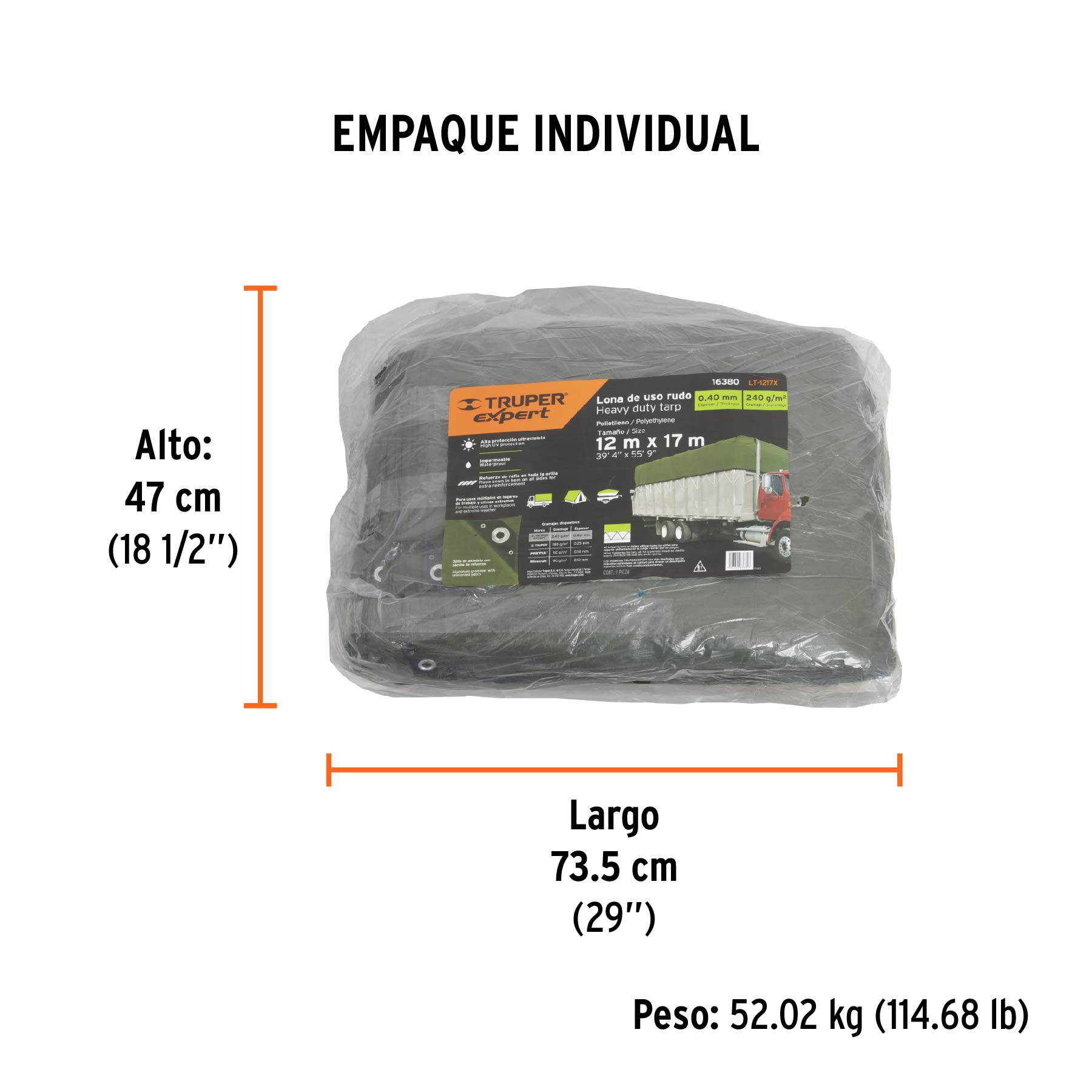Lona uso rudo 12x17 m, verde olivo, 240 g/m2, TRUPER EXPERT - Empaque