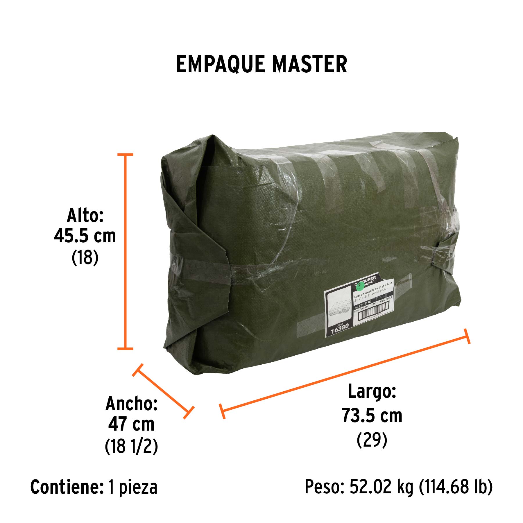 Lona uso rudo 12x17 m, verde olivo, 240 g/m2, TRUPER EXPERT - Empaque