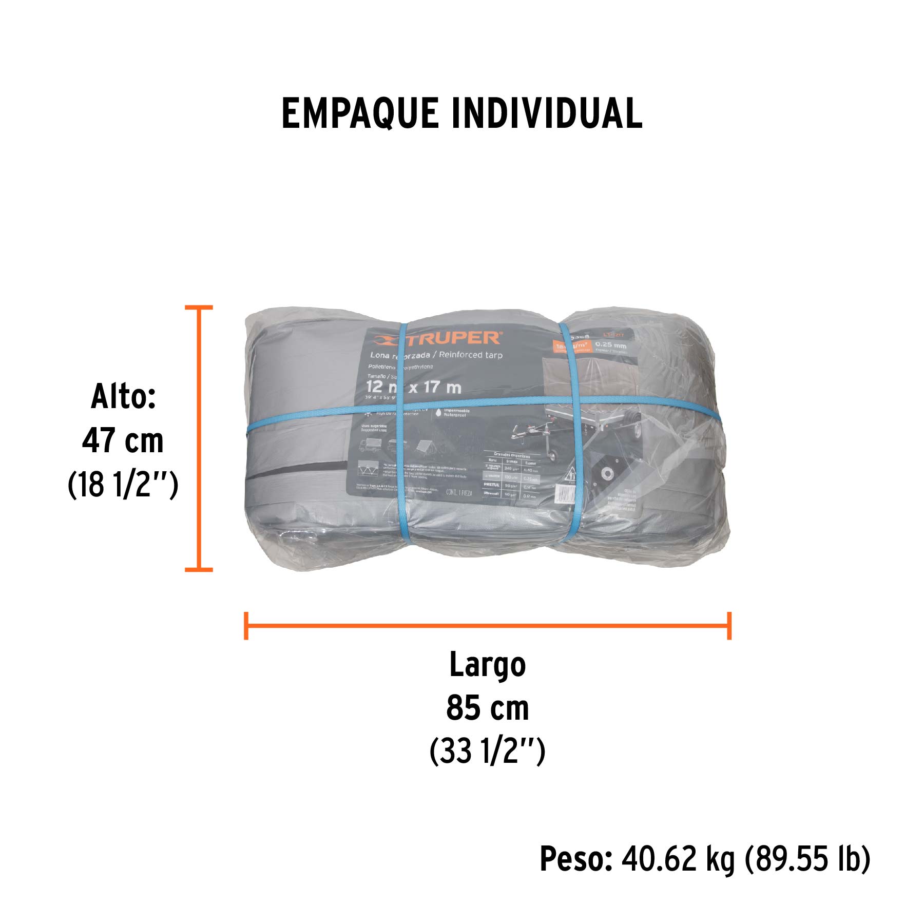 Lona de polietileno reforzada 12x17 m, gris, 180g/m2, TRUPER - Empaque