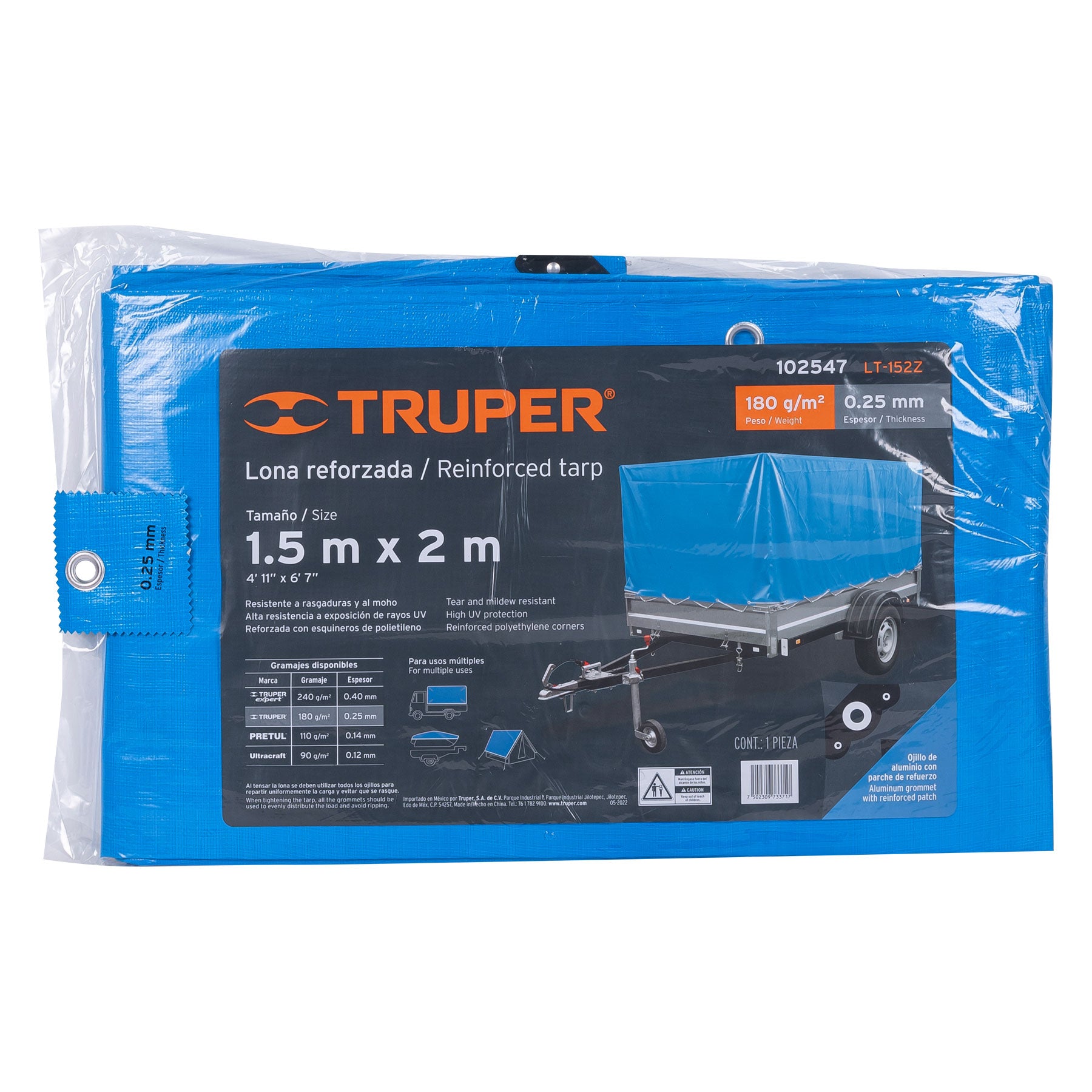 Lona de polietileno reforzada 1.5x2 m, azul, 180g/m2, TRUPER