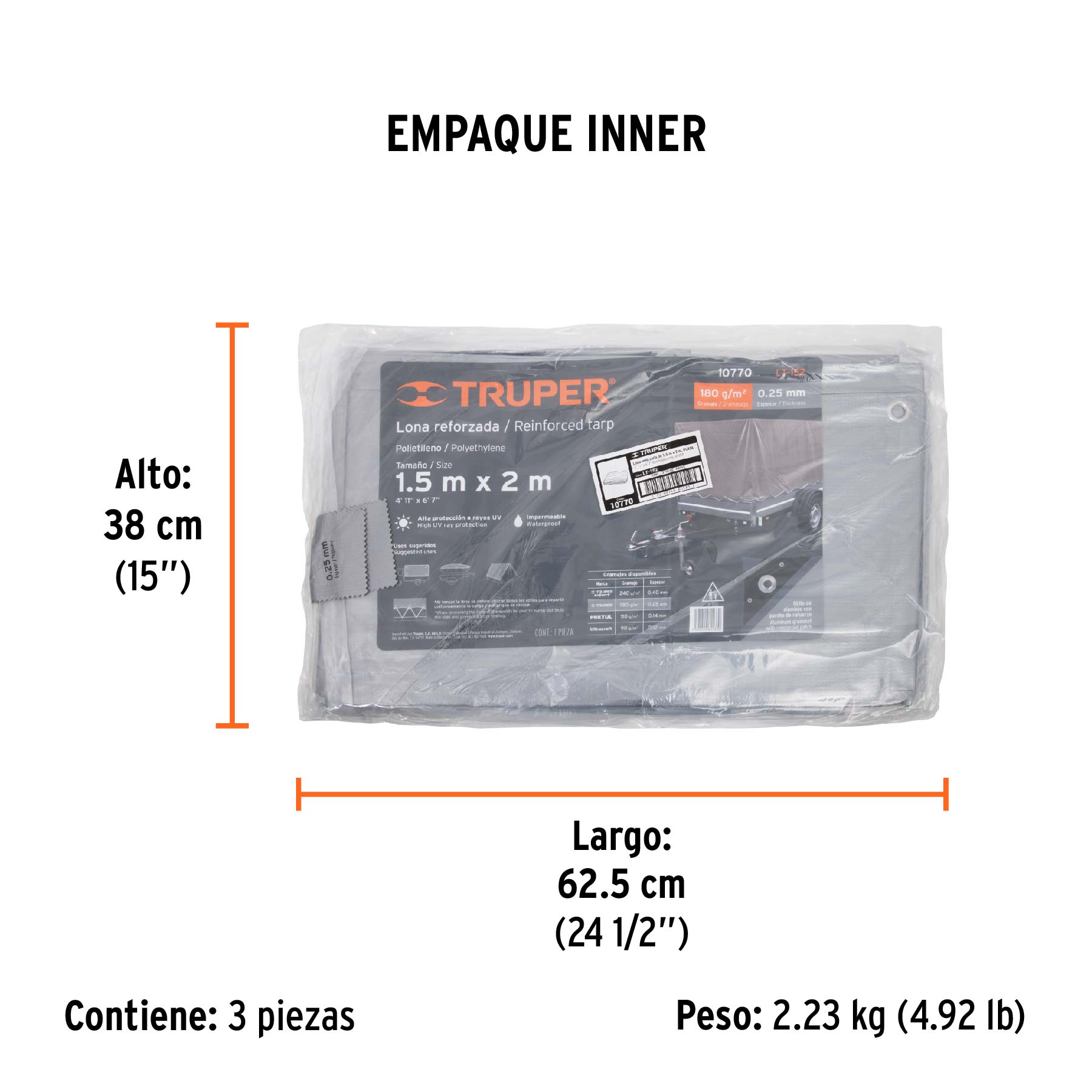 Lona de polietileno reforzada 1.5x2 m, gris, 180g/m2, TRUPER - Empaque