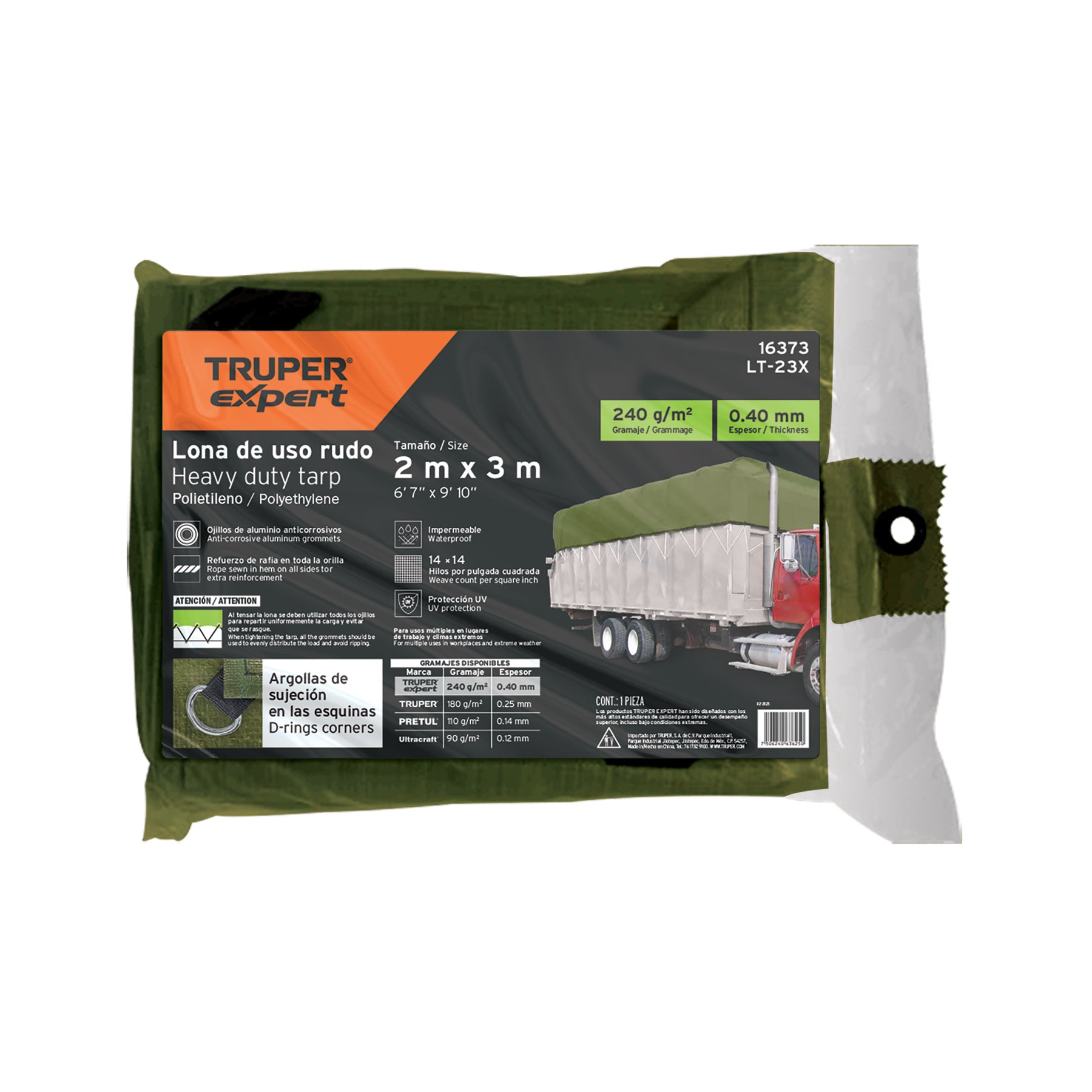 Lona uso rudo 2 x 3 m, verde olivo, 240 g/m2, TRUPER EXPERT
