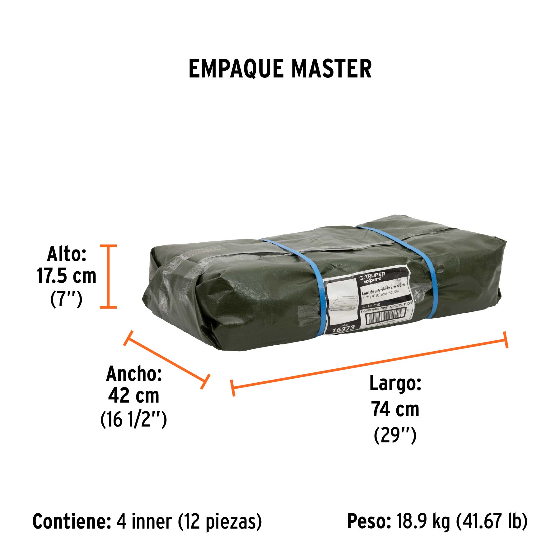 Lona uso rudo 2 x 3 m, verde olivo, 240 g/m2, TRUPER EXPERT - Empaque