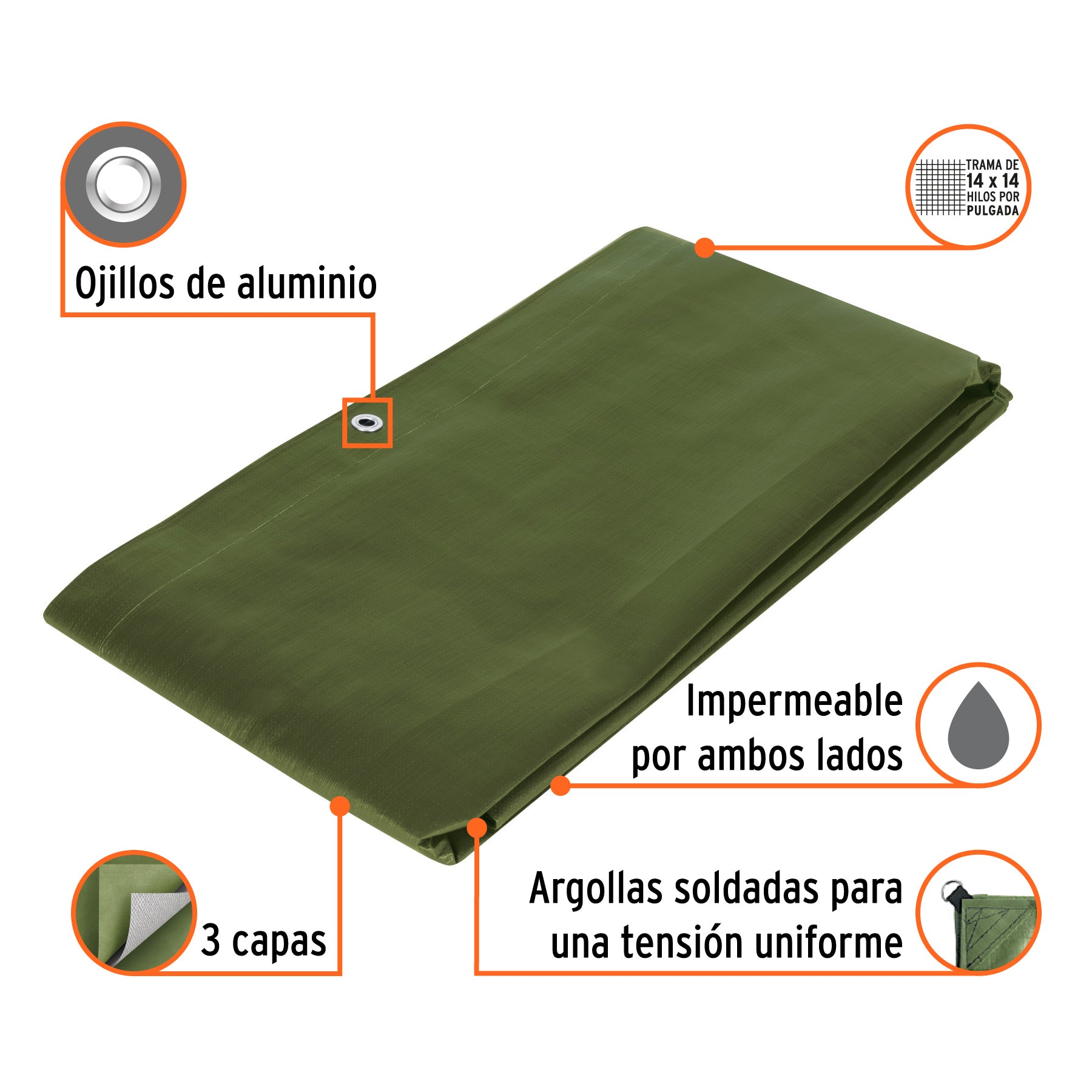 Lona uso rudo 2 x 3 m, verde olivo, 240 g/m2, TRUPER EXPERT