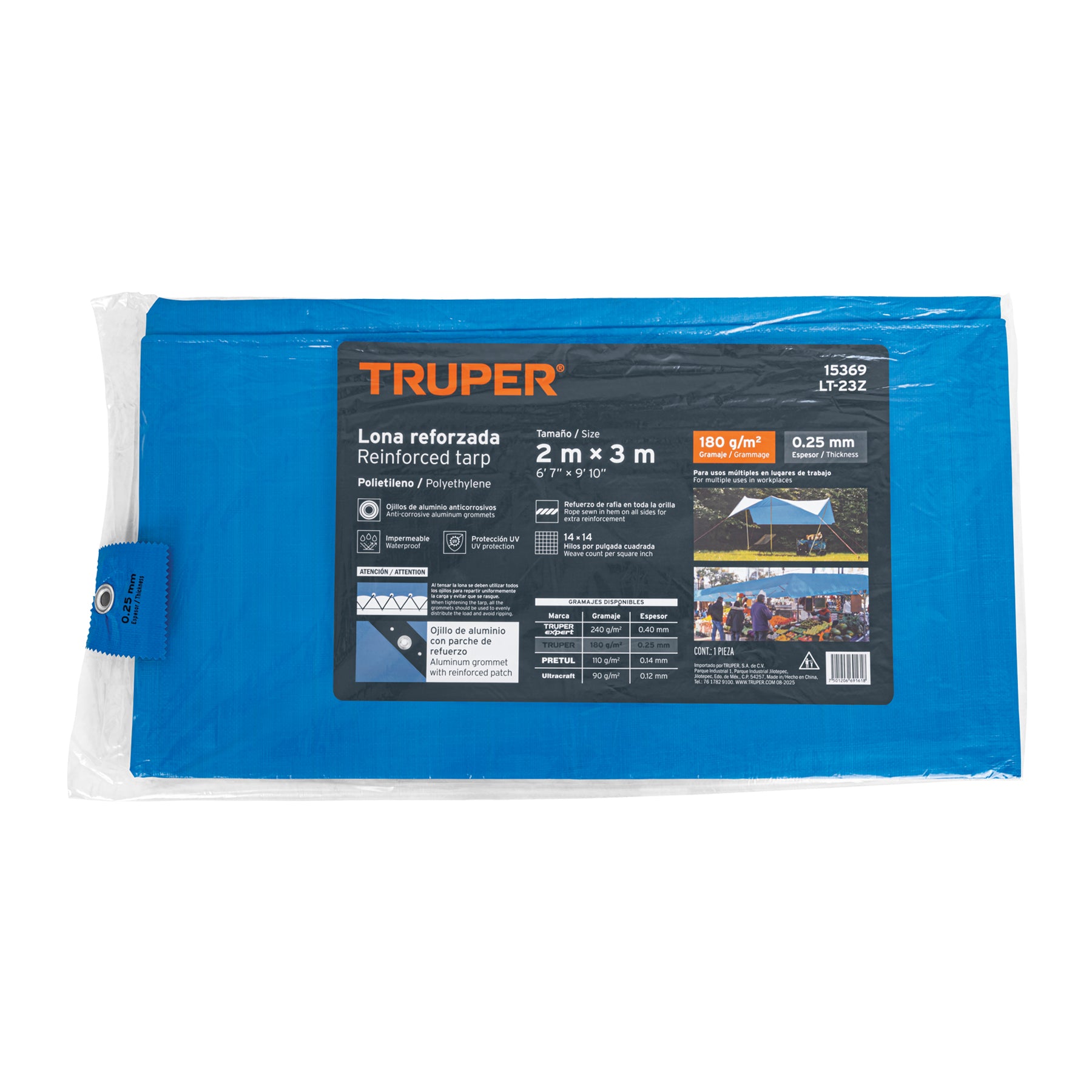 Lona de polietileno reforzada 2x3 m, azul, 180g/m2, TRUPER