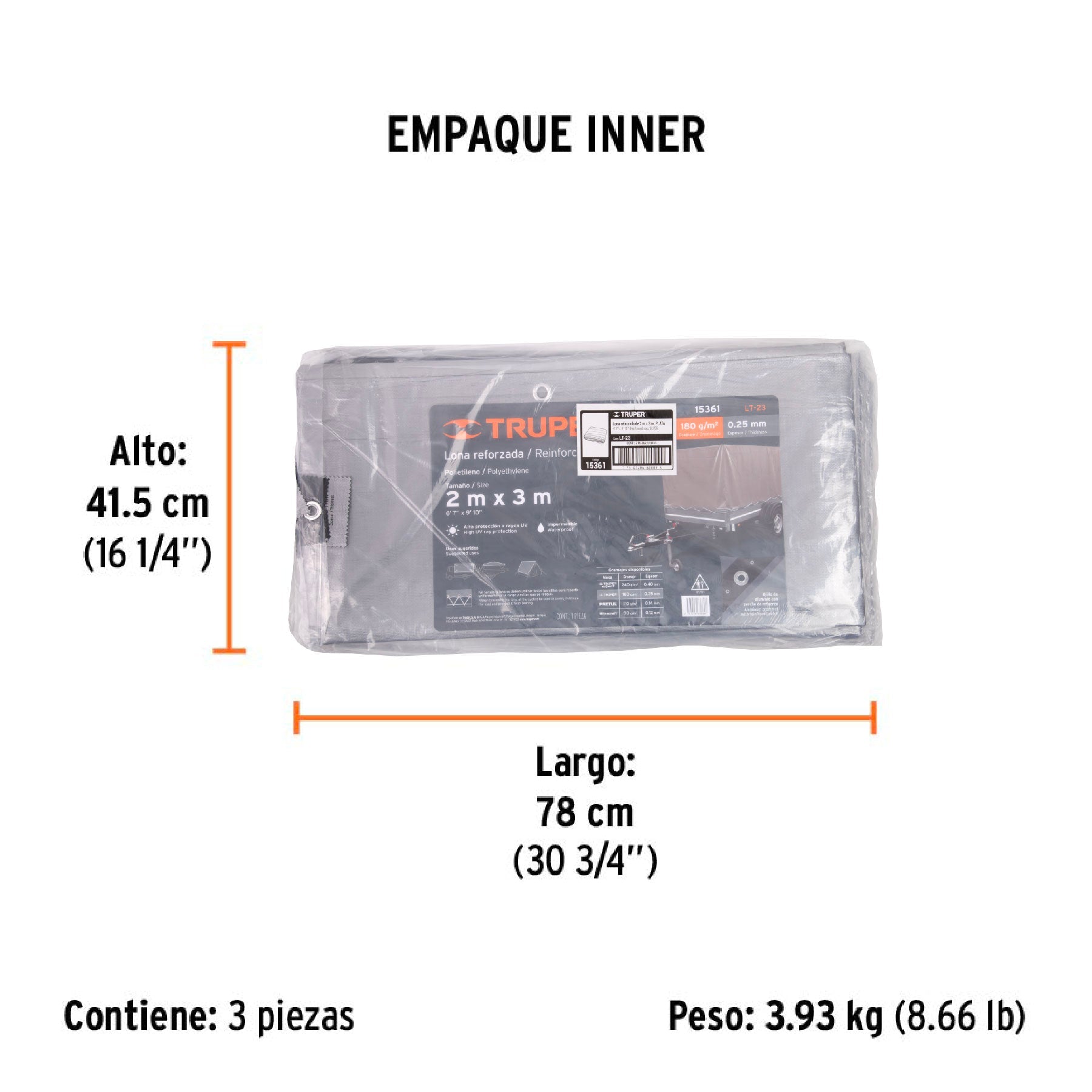 Lona de polietileno reforzada 2 x 3 m, gris, 180g/m2, TRUPER - Empaque