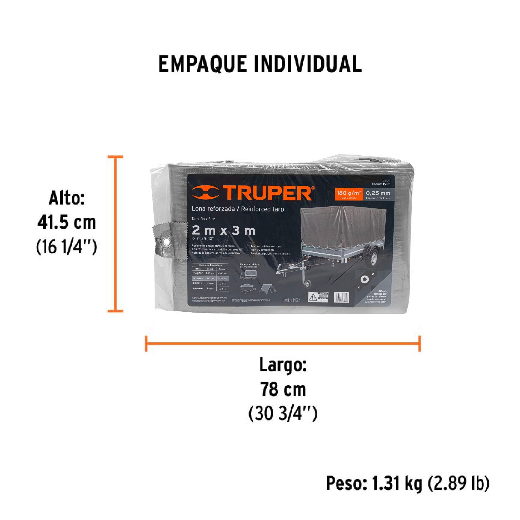 Lona de polietileno reforzada 2 x 3 m, gris, 180g/m2, TRUPER - Empaque