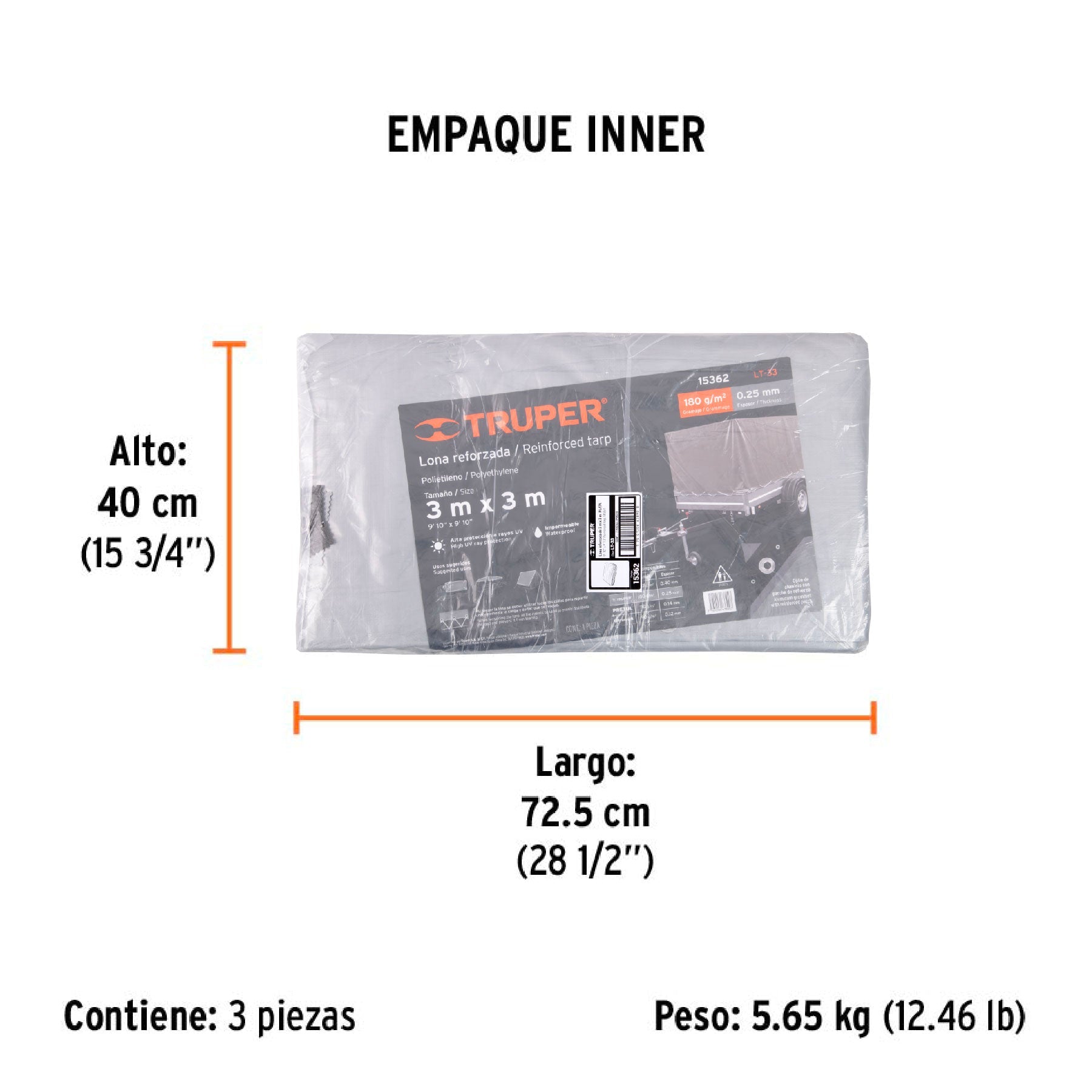 Lona de polietileno reforzada 3 x 3 m, gris, 180g/m2, TRUPER - Empaque
