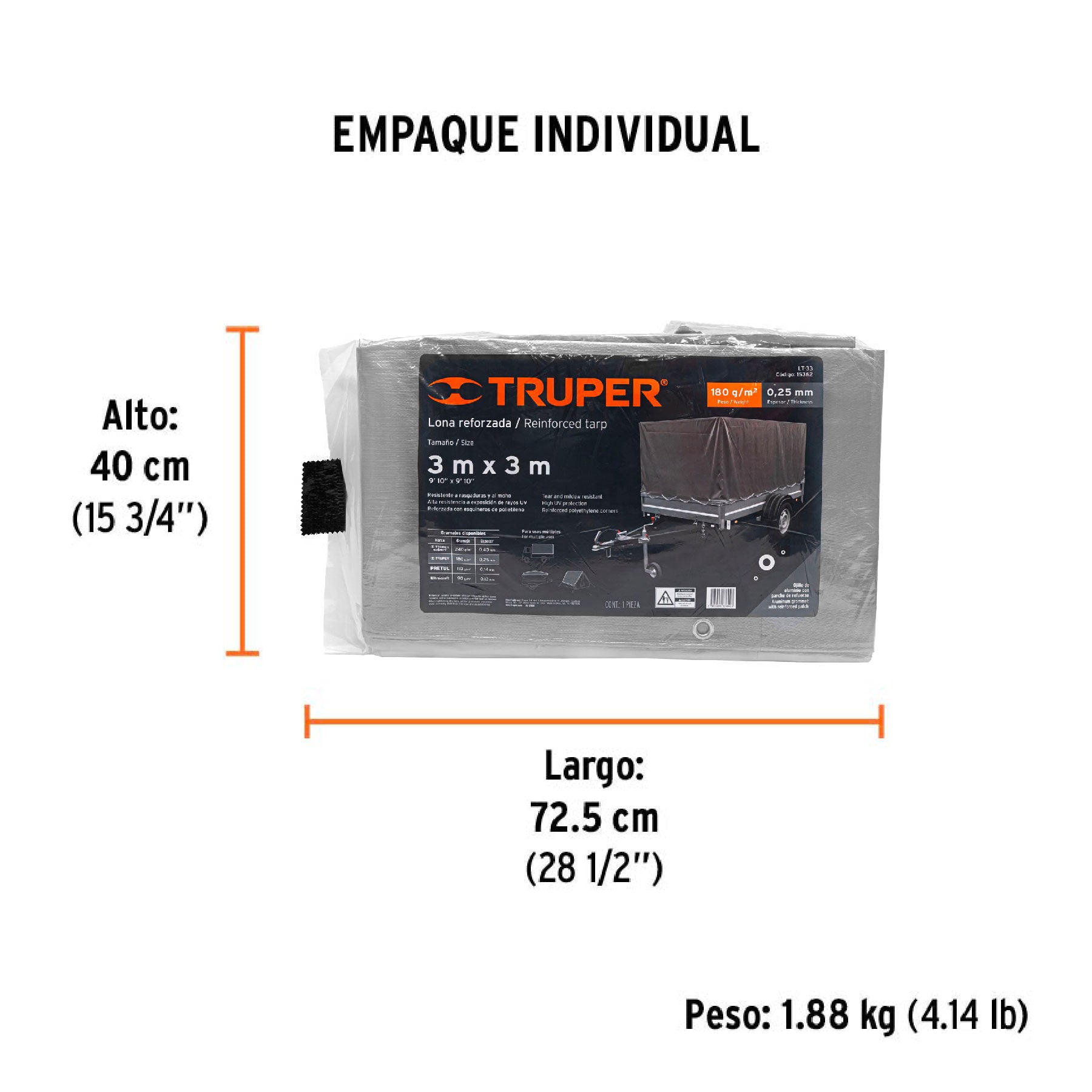Lona de polietileno reforzada 3 x 3 m, gris, 180g/m2, TRUPER - Empaque