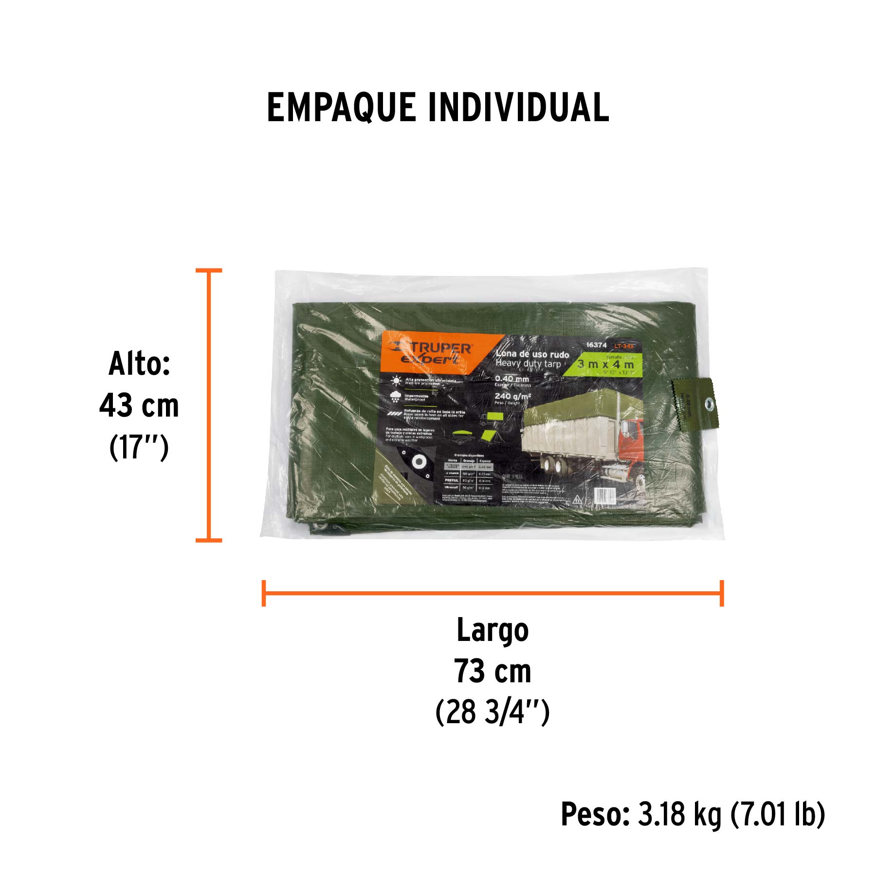 Lona uso rudo 3 x 4 m, verde olivo, 240 g/m2, TRUPER EXPERT - Empaque