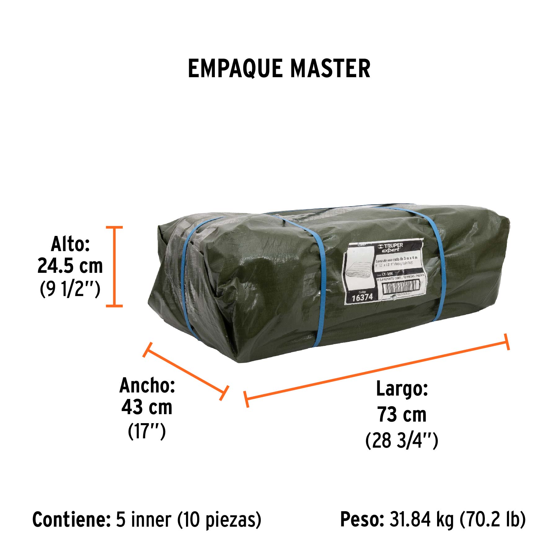 Lona uso rudo 3 x 4 m, verde olivo, 240 g/m2, TRUPER EXPERT - Empaque