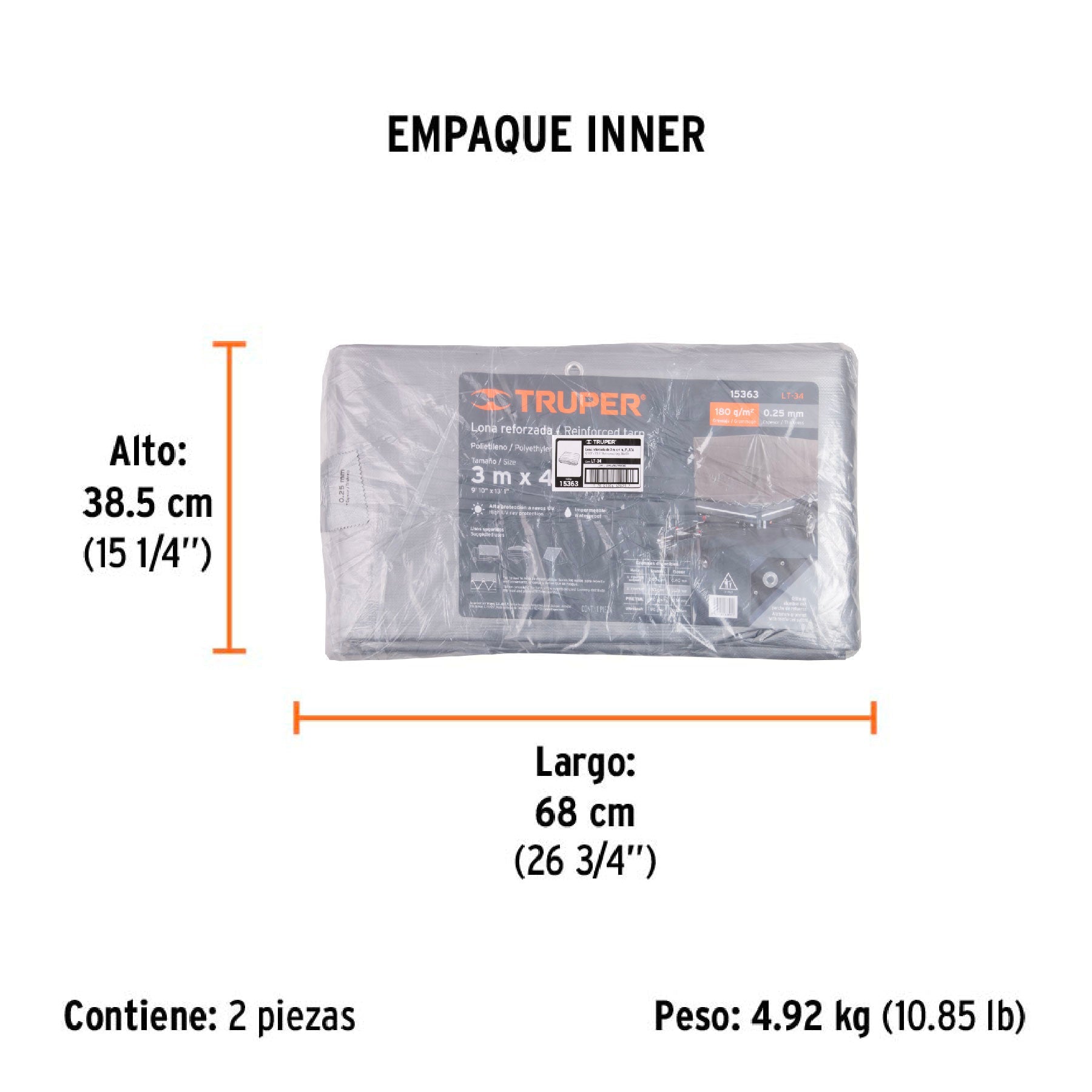 Lona de polietileno reforzada 3 x 4 m, gris, 180g/m2, TRUPER - Empaque