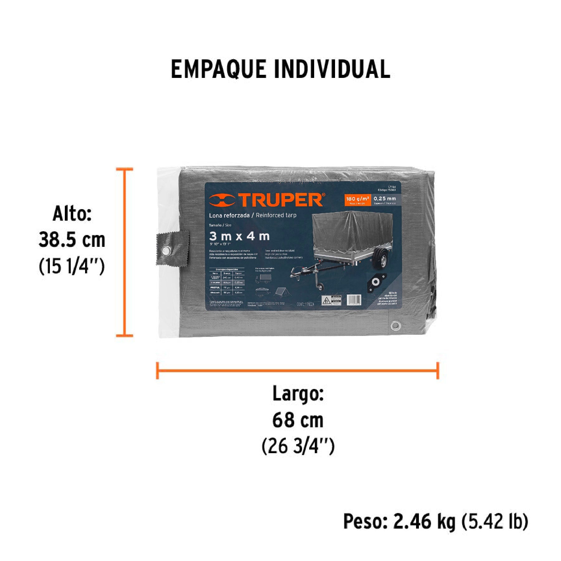 Lona de polietileno reforzada 3 x 4 m, gris, 180g/m2, TRUPER - Empaque